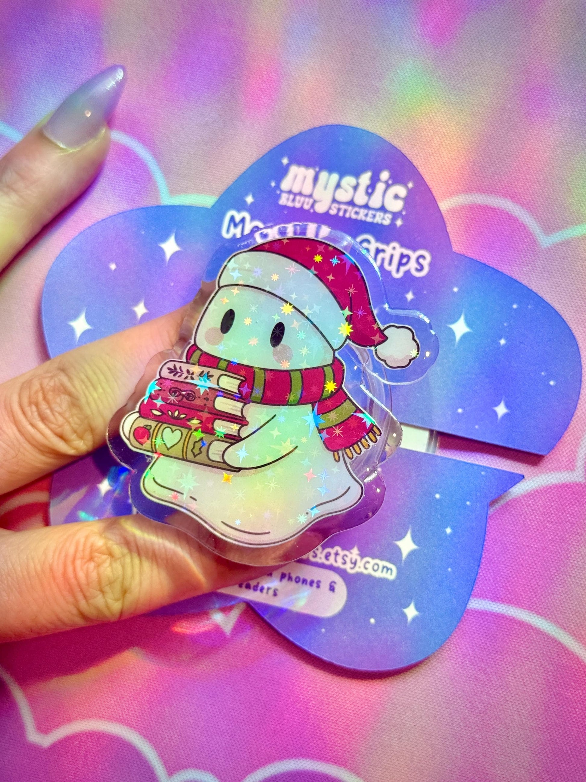 Christmas Ghost Kindle Grip – Cute Books, Holographic Sparkle Stand for Phones & E-Readers