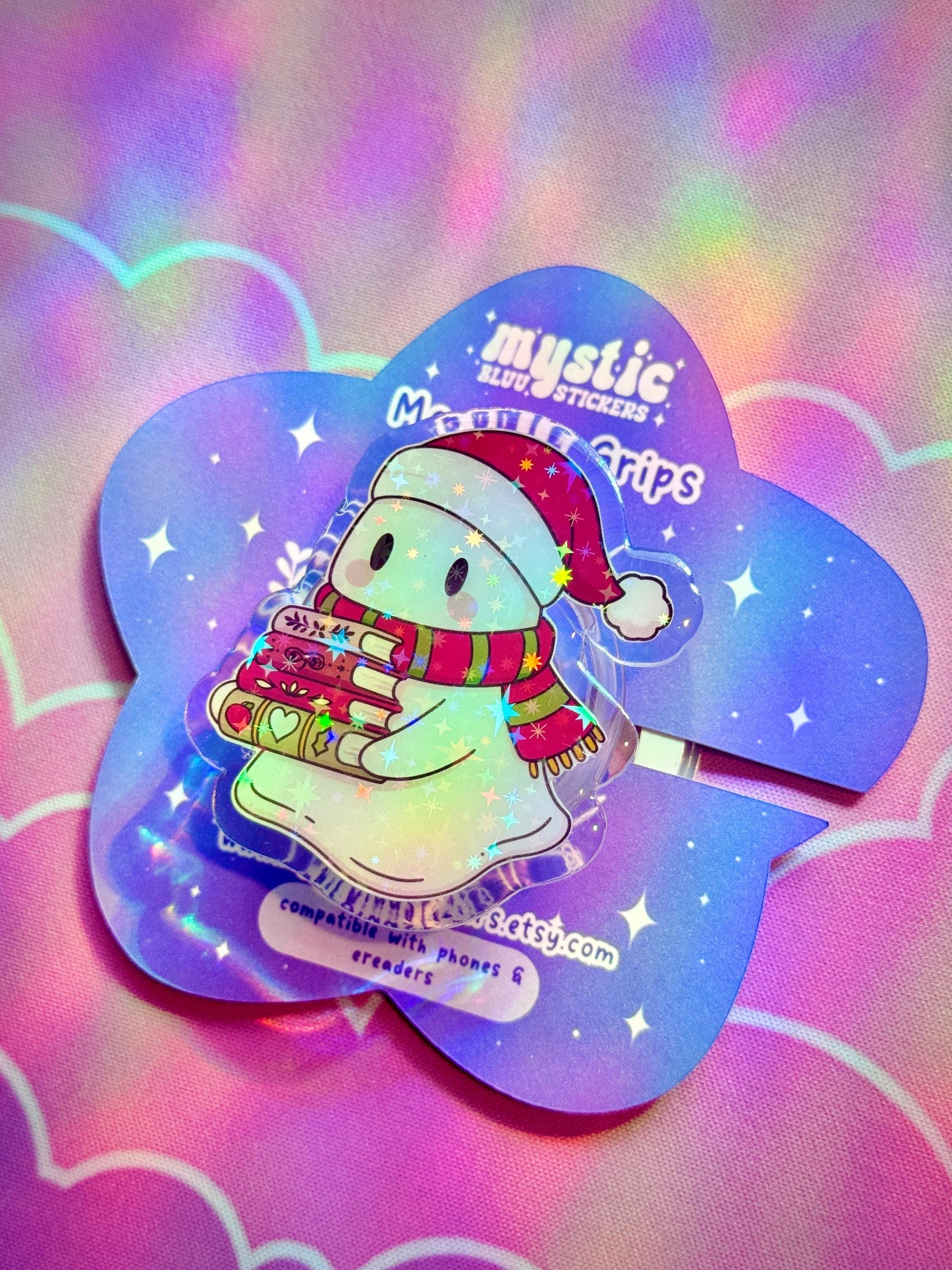 Christmas Ghost Kindle Grip – Cute Books, Holographic Sparkle Stand for Phones & E-Readers