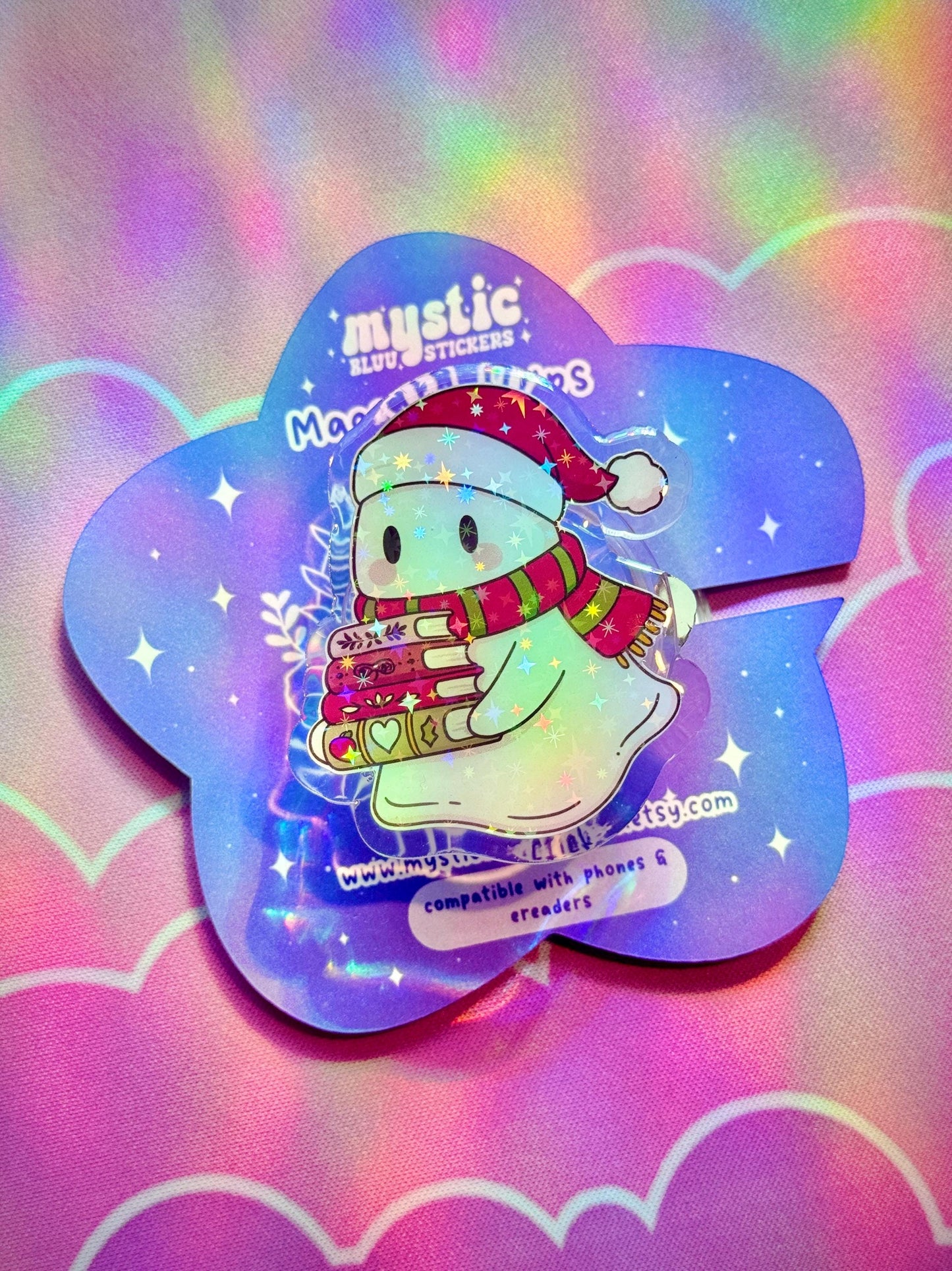 Christmas Ghost Kindle Grip – Cute Books, Holographic Sparkle Stand for Phones & E-Readers