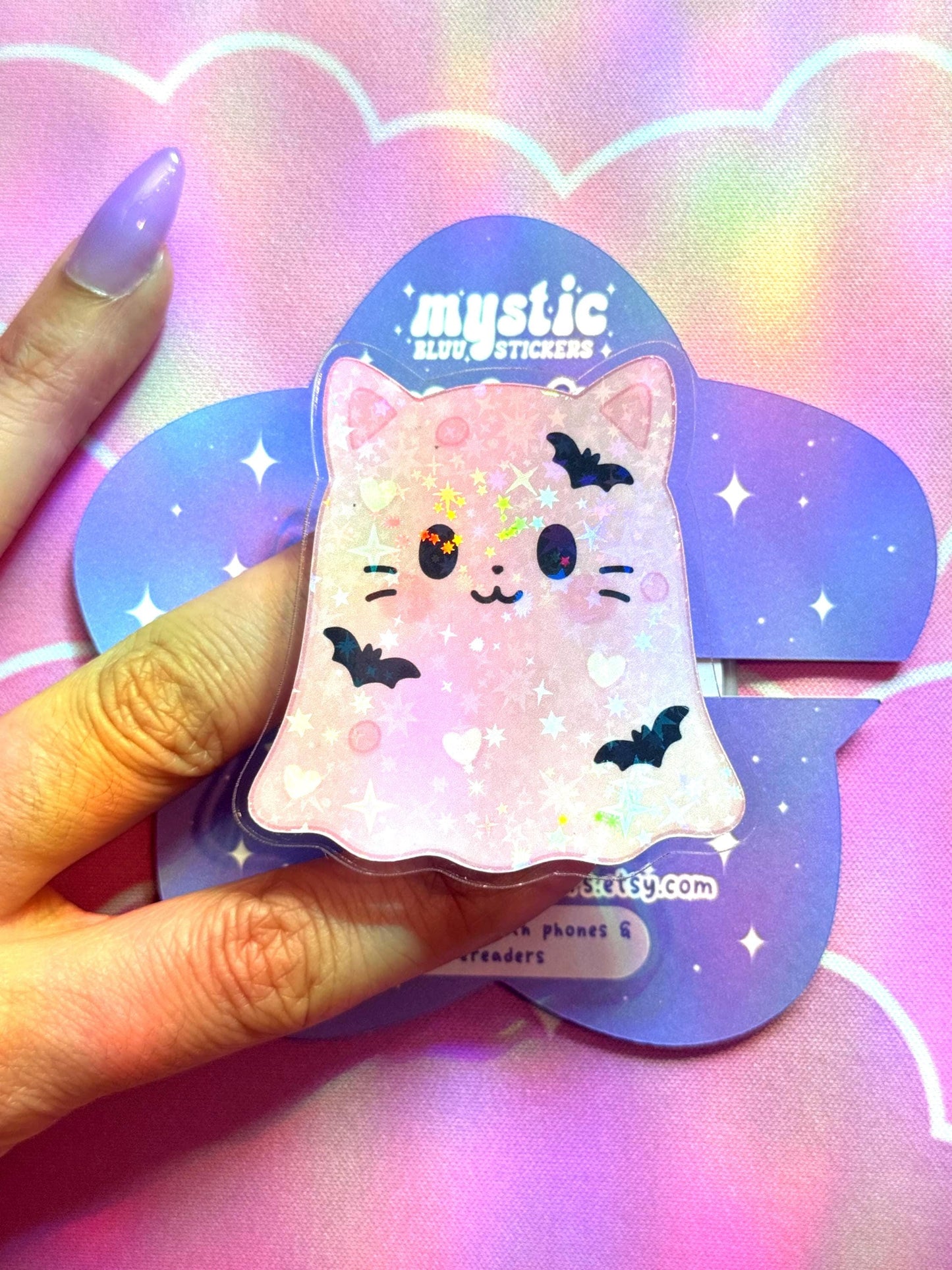 Ghost Cat Phone Grip with Magnetic Ring – Pink, Purple, Orange or White Kawaii Cat MagSafe Grip