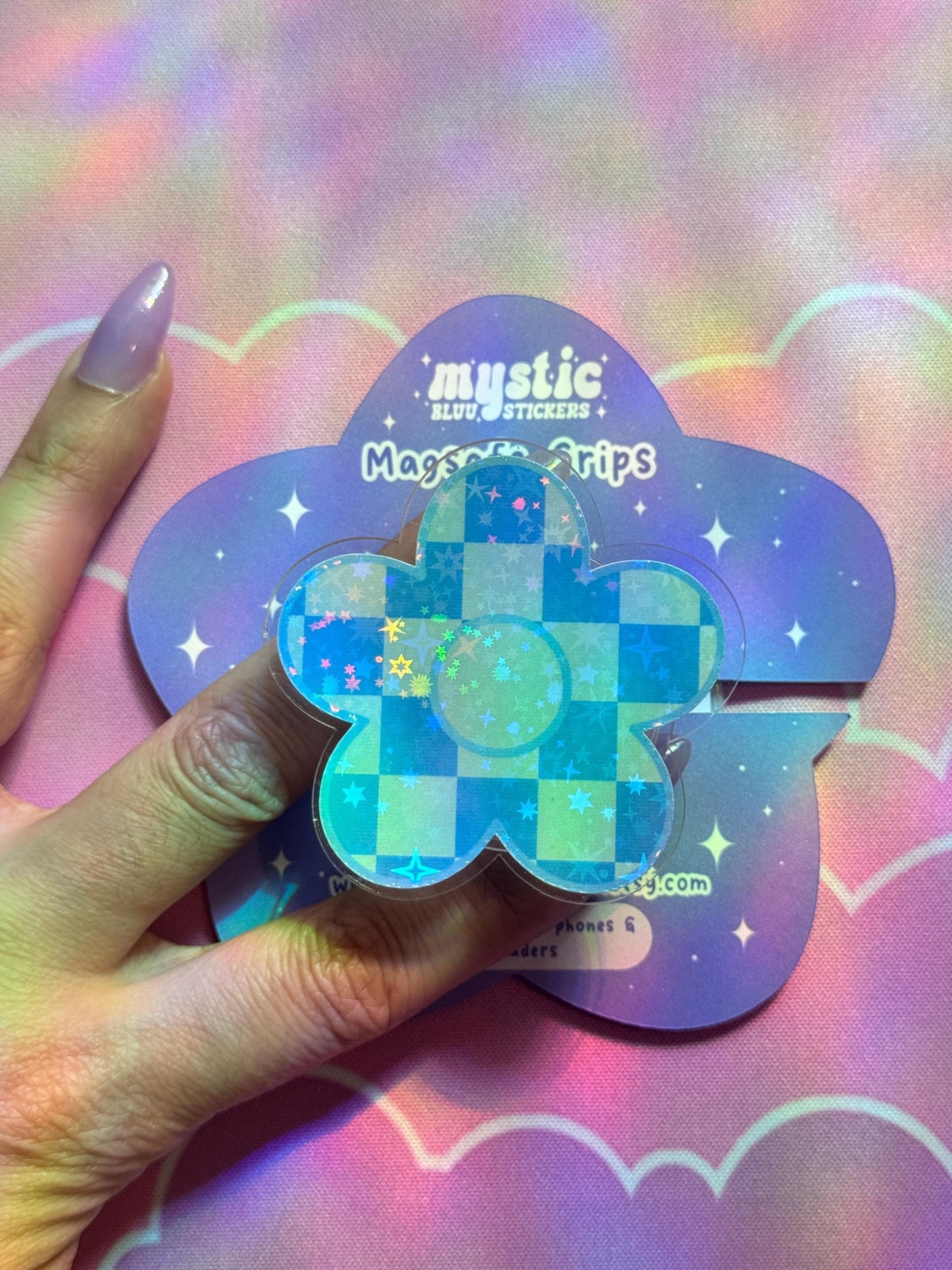 Blue Checkered Daisy Kindle Grip: Retro Magsafe Phone, Tablet iPad Holder