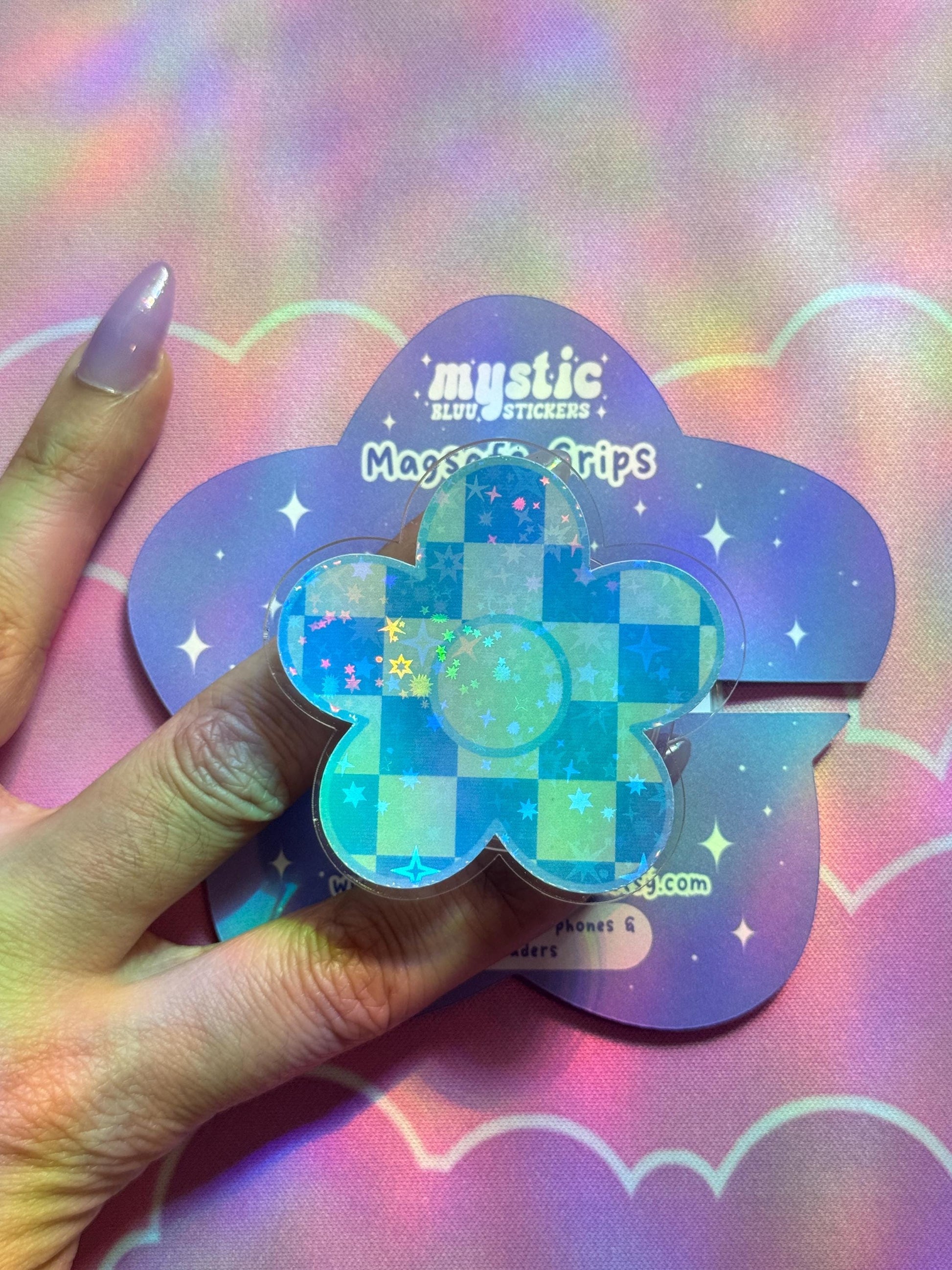 Blue Checkered Daisy Kindle Grip: Retro Magsafe Phone, Tablet iPad Holder