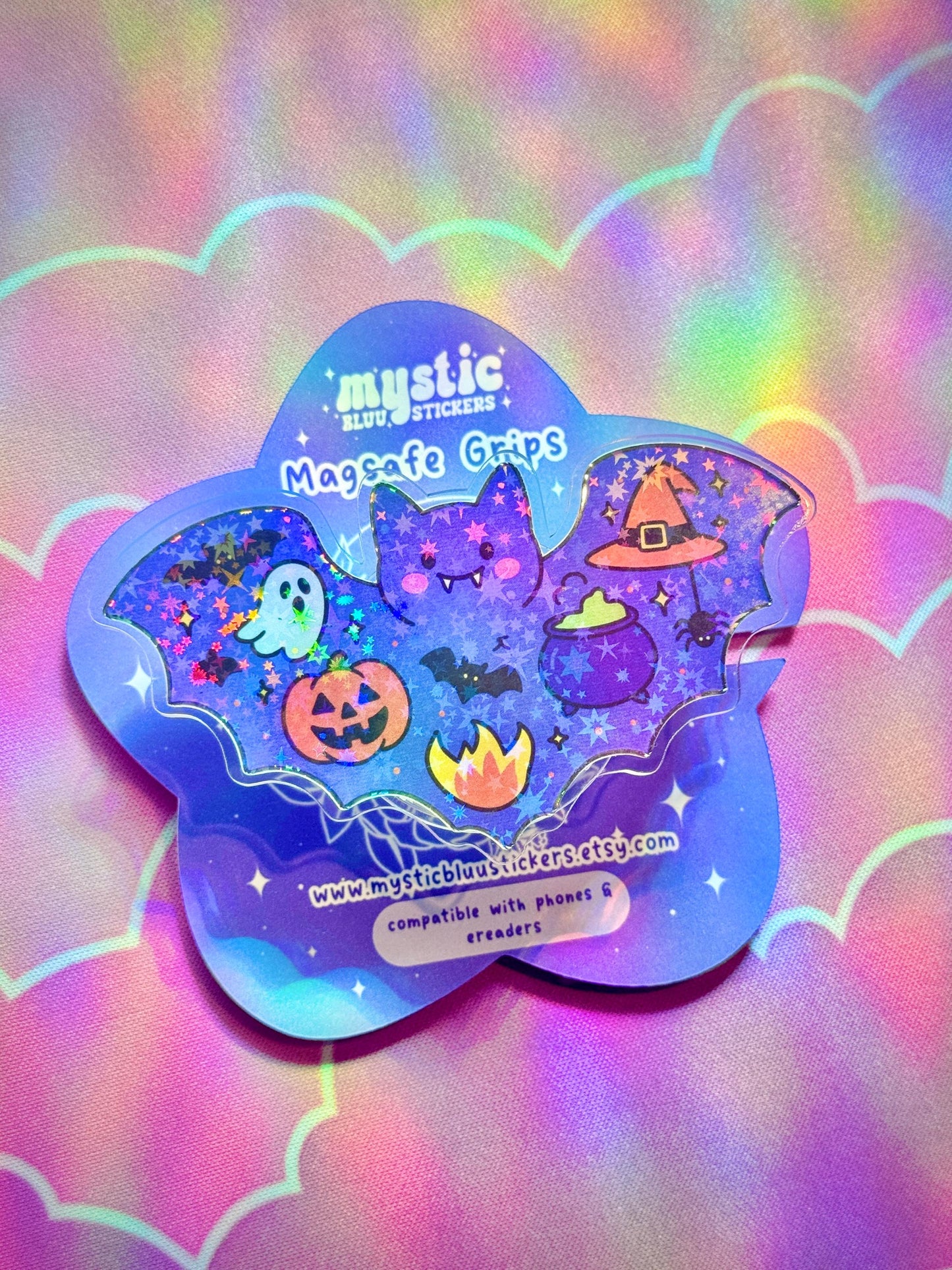 Halloween Bat Kindle Grip : Phone Spooky MagSafe Holder with Ghost, Pumpkin and Cauldron