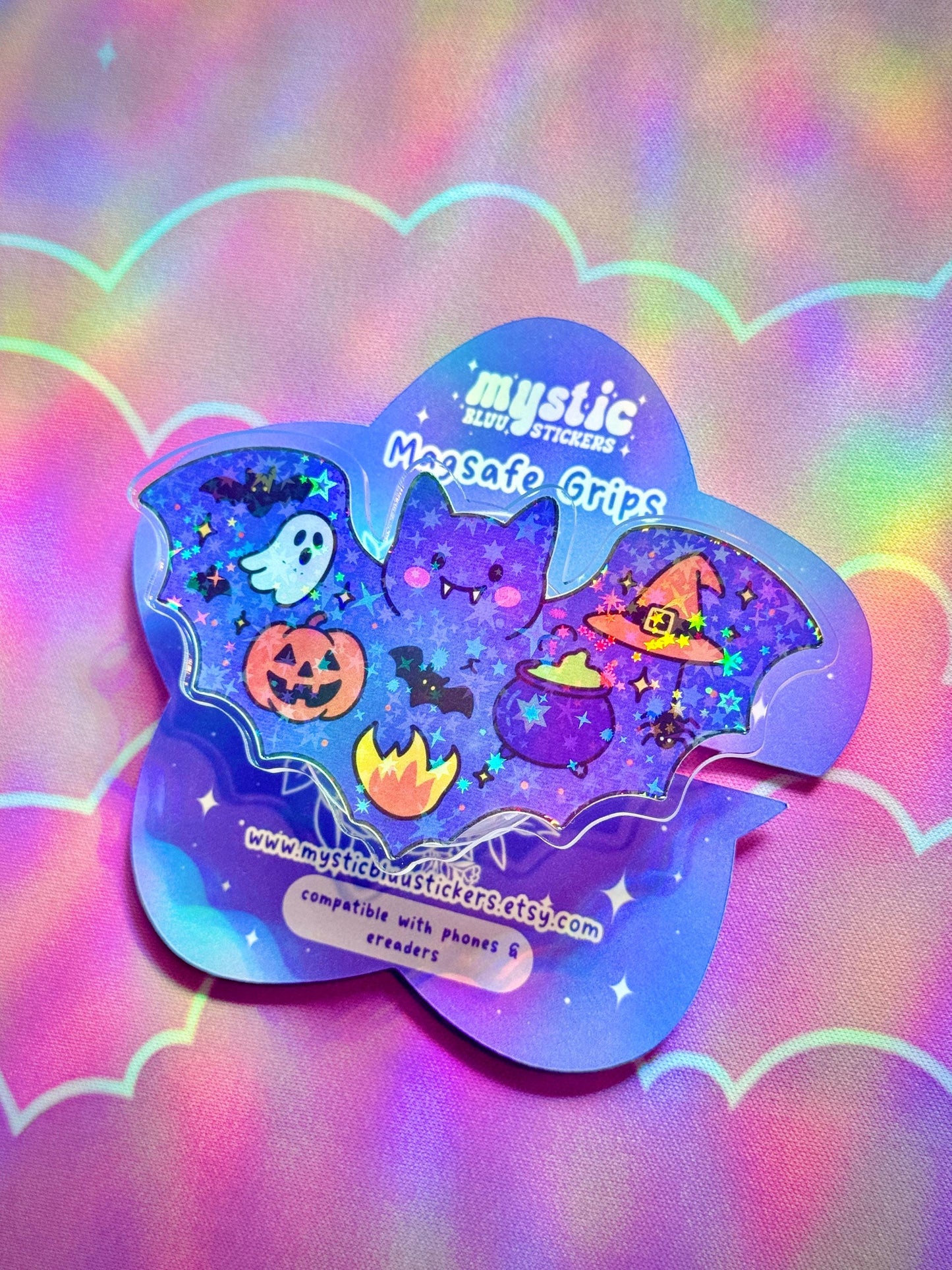 Halloween Bat Kindle Grip : Phone Spooky MagSafe Holder with Ghost, Pumpkin and Cauldron