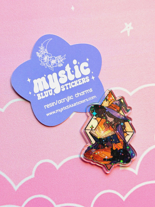 Witch Reading Acrylic Flatback Cabochon: Fantasy Bookish Witchy Craft Supply
