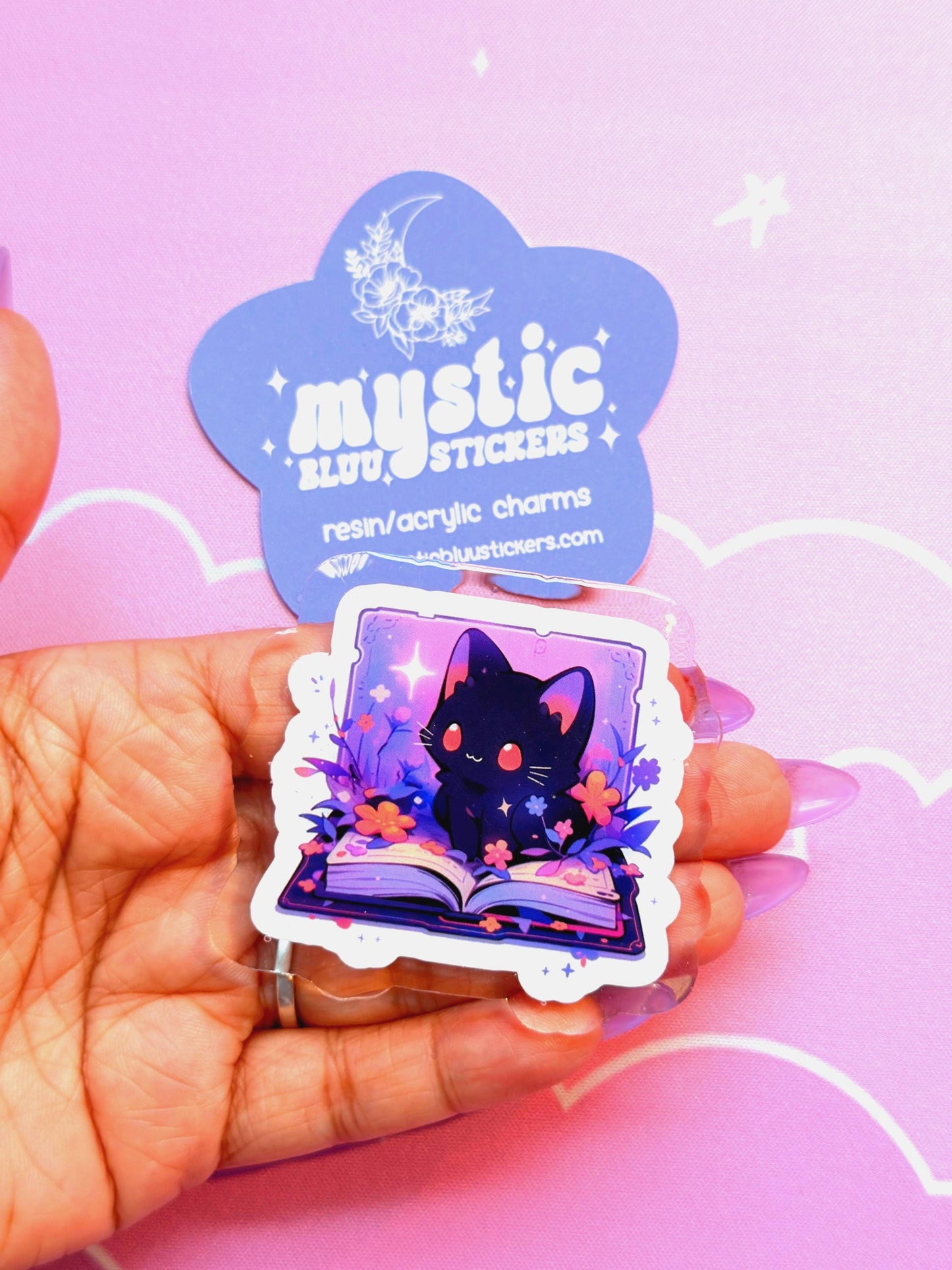 Black Cat Reading Acrylic Flatback Cabochon: Kawaii Witchy Bookish Craft Supply