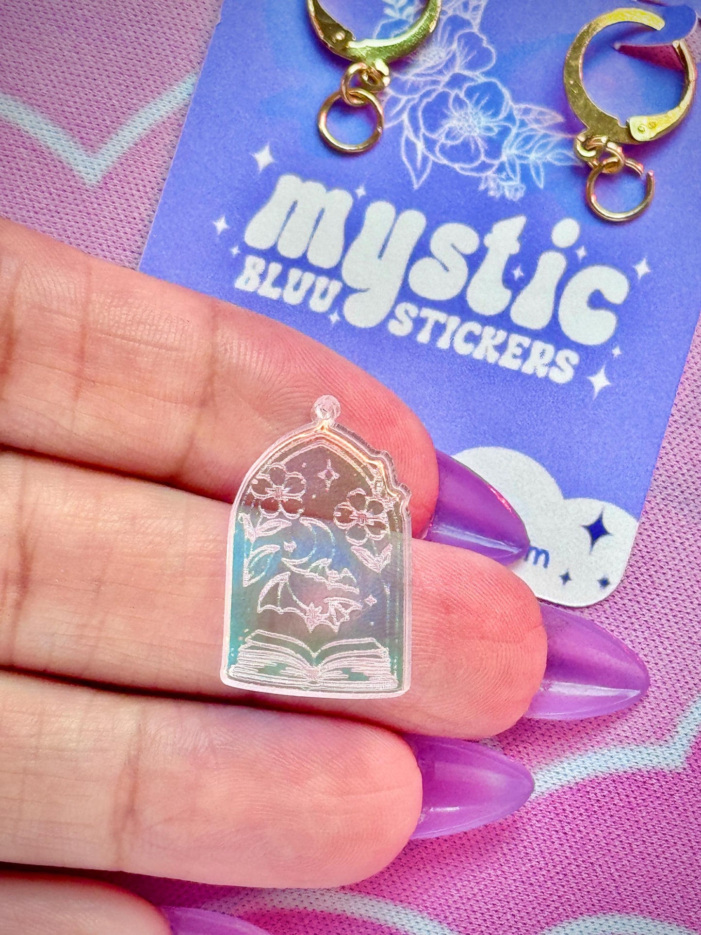 Bat Book Window Acrylic Earrings: Iridescent Dangle Hoop or Hook Style