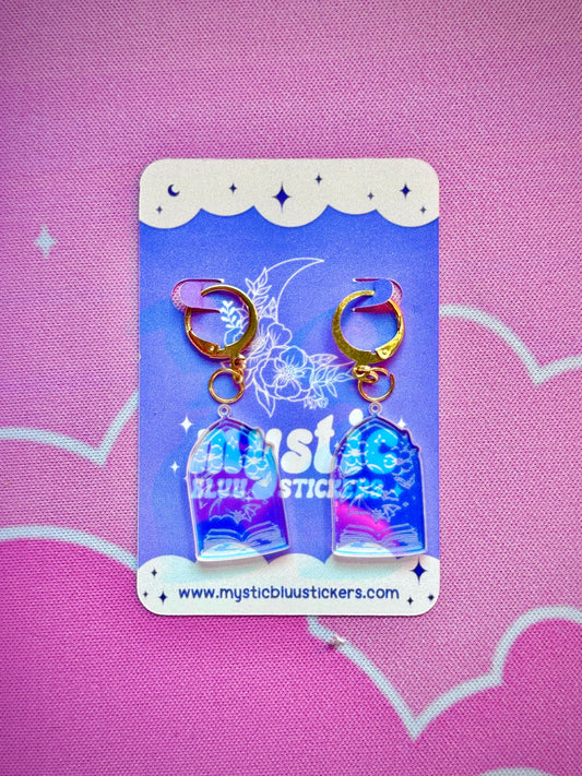 Bat Book Window Acrylic Earrings: Iridescent Dangle Hoop or Hook Style