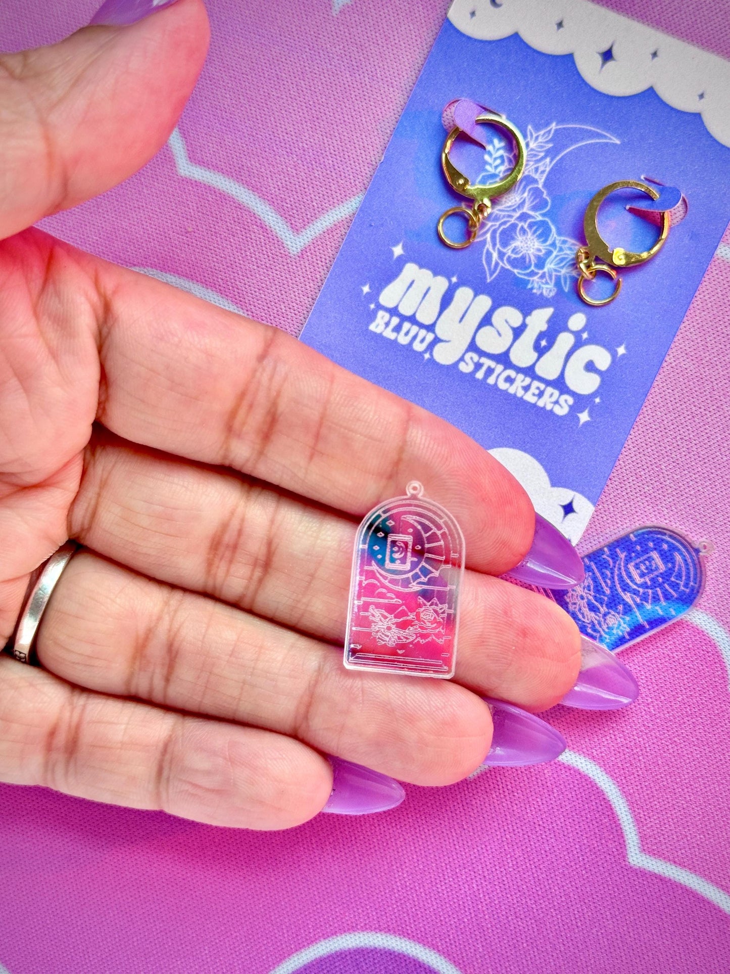 Stained Glass Tarot Window Earrings: Iridescent Crescent Moon, Rose and Clouds
