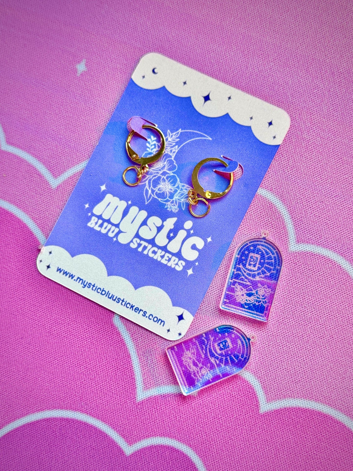 Stained Glass Tarot Window Earrings: Iridescent Crescent Moon, Rose and Clouds