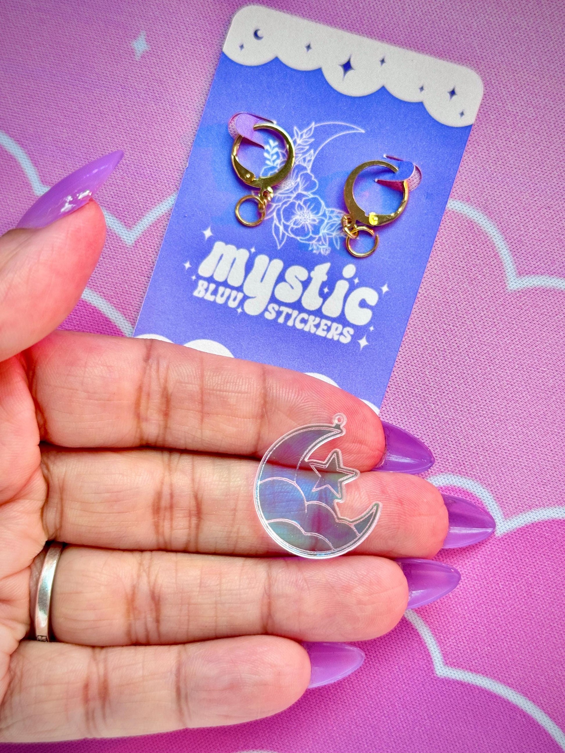 Crescent Moon Clouds Acrylic Earrings: Iridescent Dangle Hoop or Hook Style