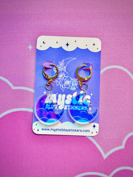 Crescent Moon Clouds Acrylic Earrings: Iridescent Dangle Hoop or Hook Style