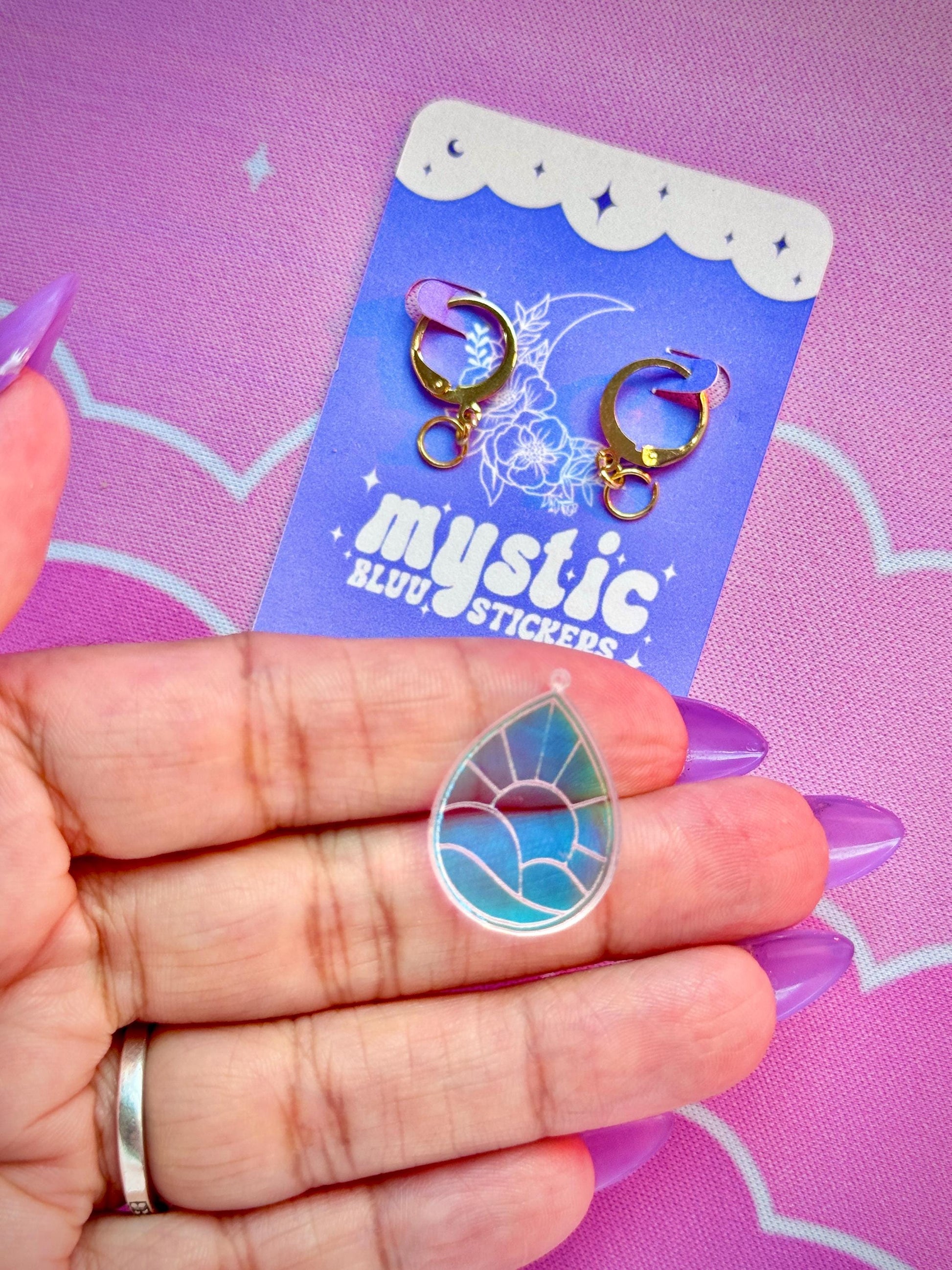 Cloud Sunset Teardrop Acrylic Earrings: Iridescent Dangle Hoop or Hook Style