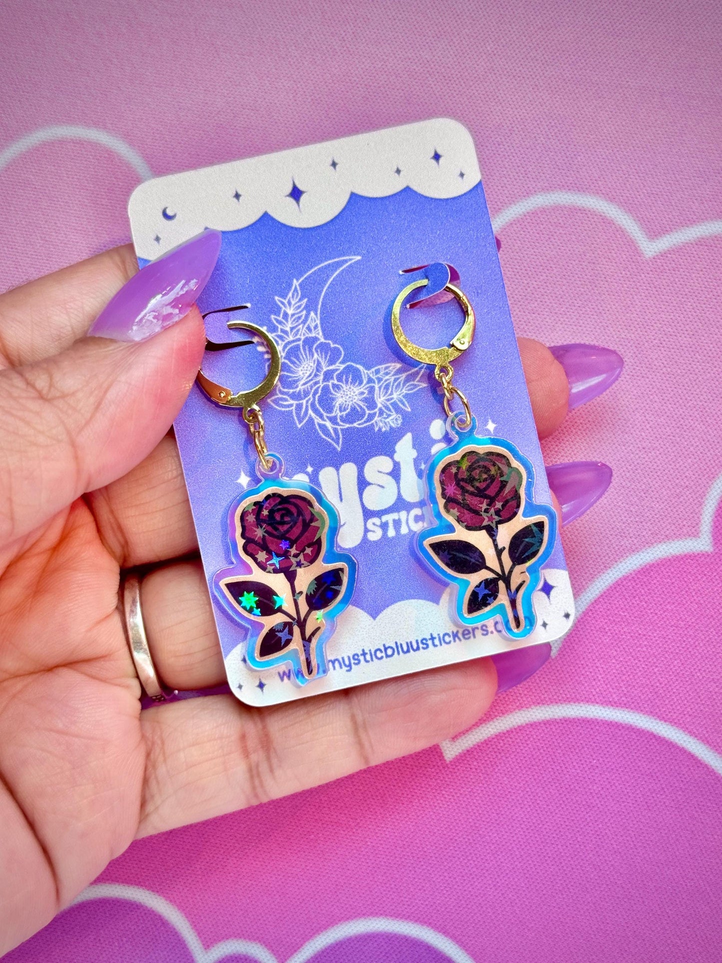Gothic Rose Acrylic Earrings: Holographic Dangle Hoop or Hook Style