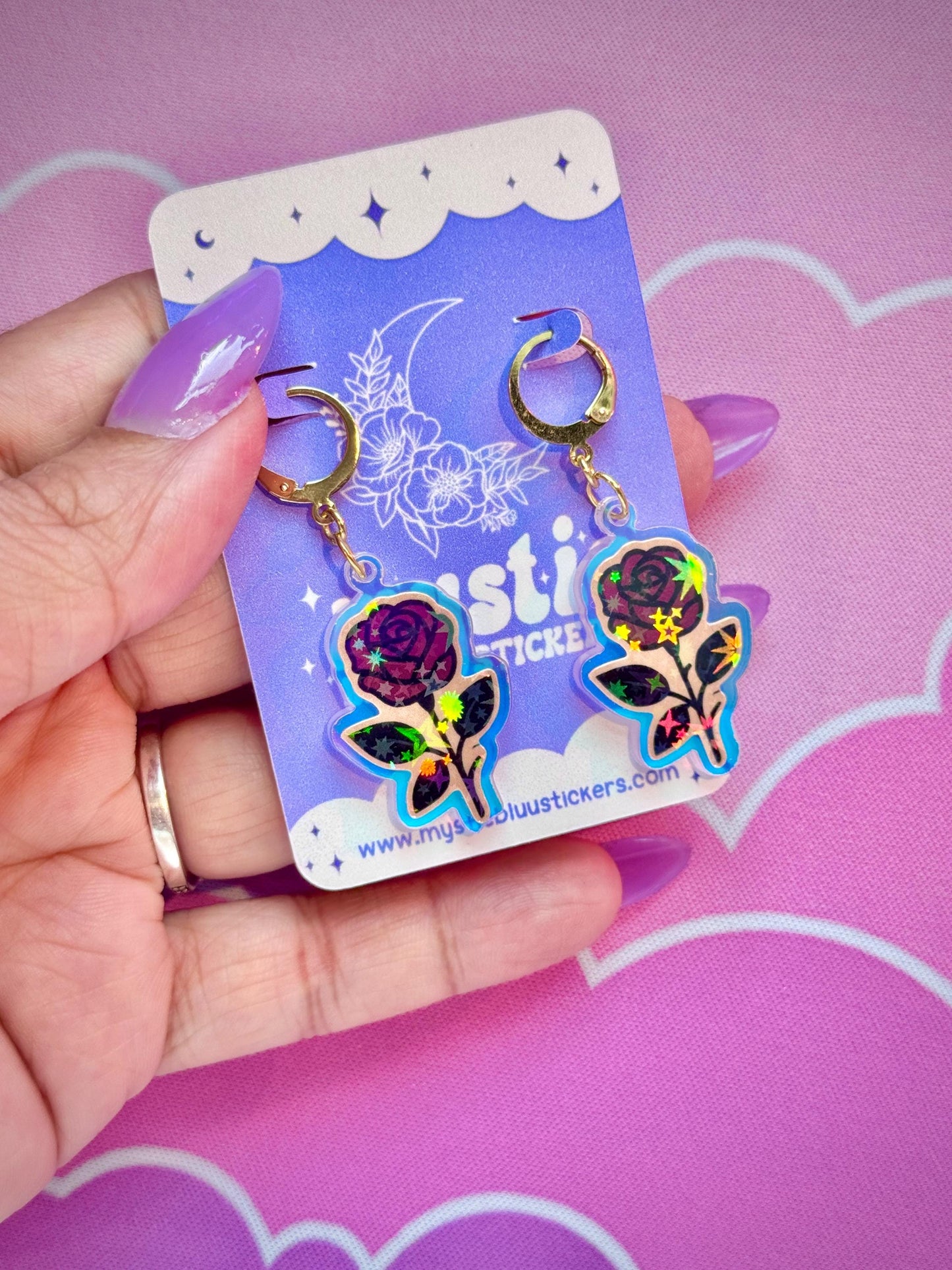 Gothic Rose Acrylic Earrings: Holographic Dangle Hoop or Hook Style