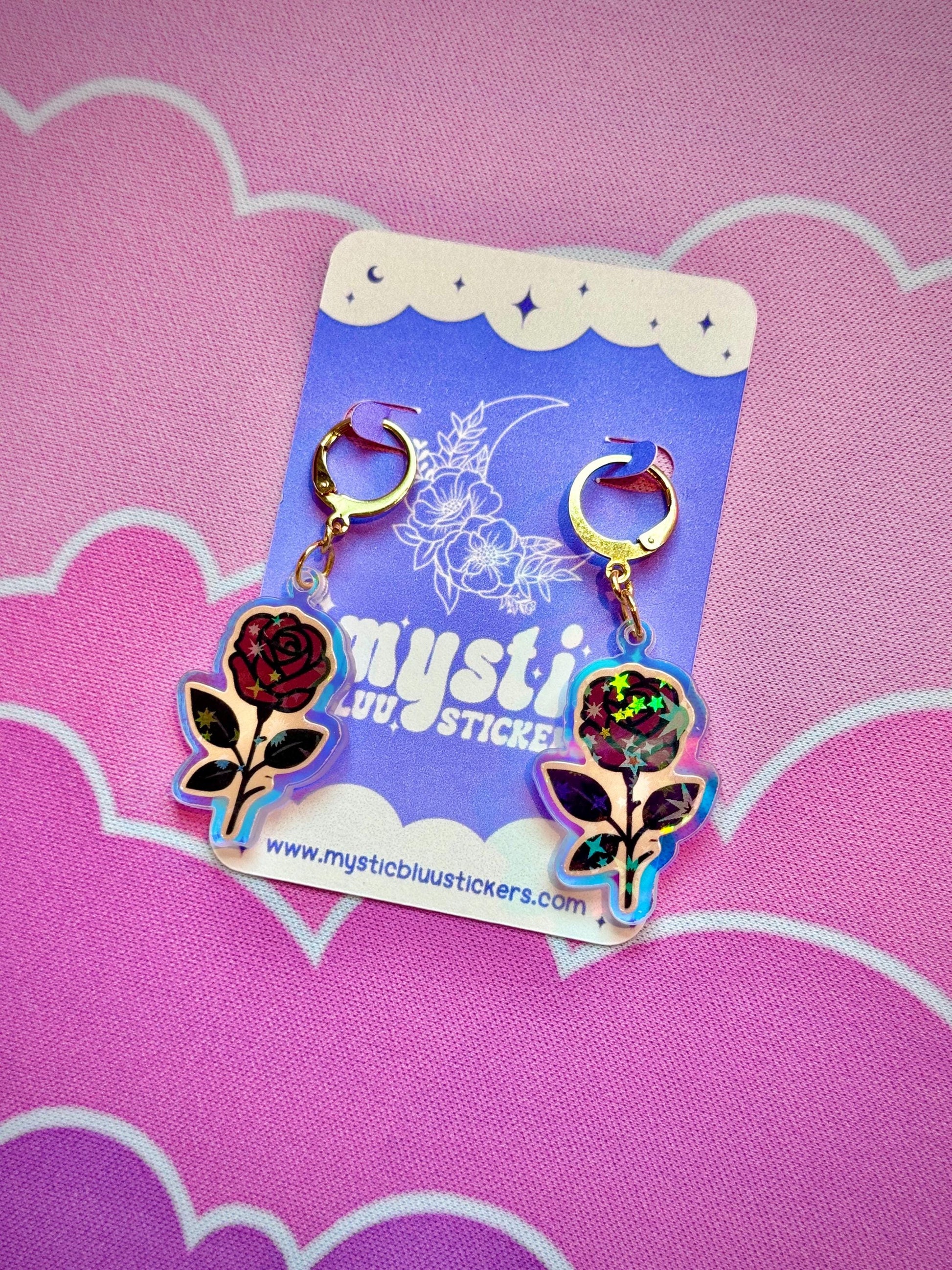 Gothic Rose Acrylic Earrings: Holographic Dangle Hoop or Hook Style