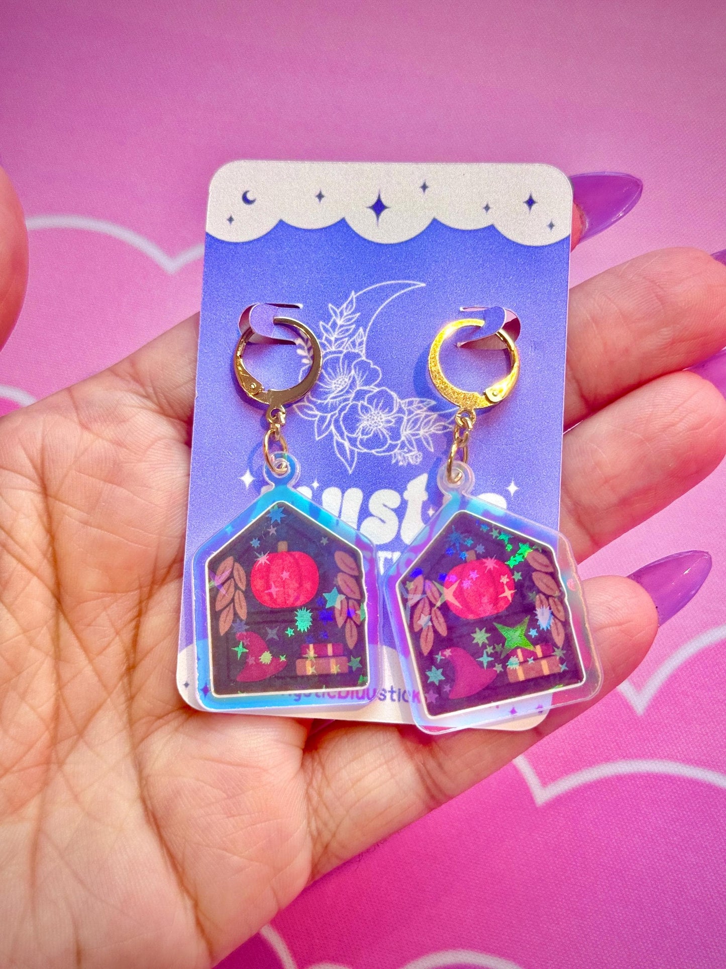 Pumpkin Cottage Earrings: Holographic House Dangle Hoop or Hook Style