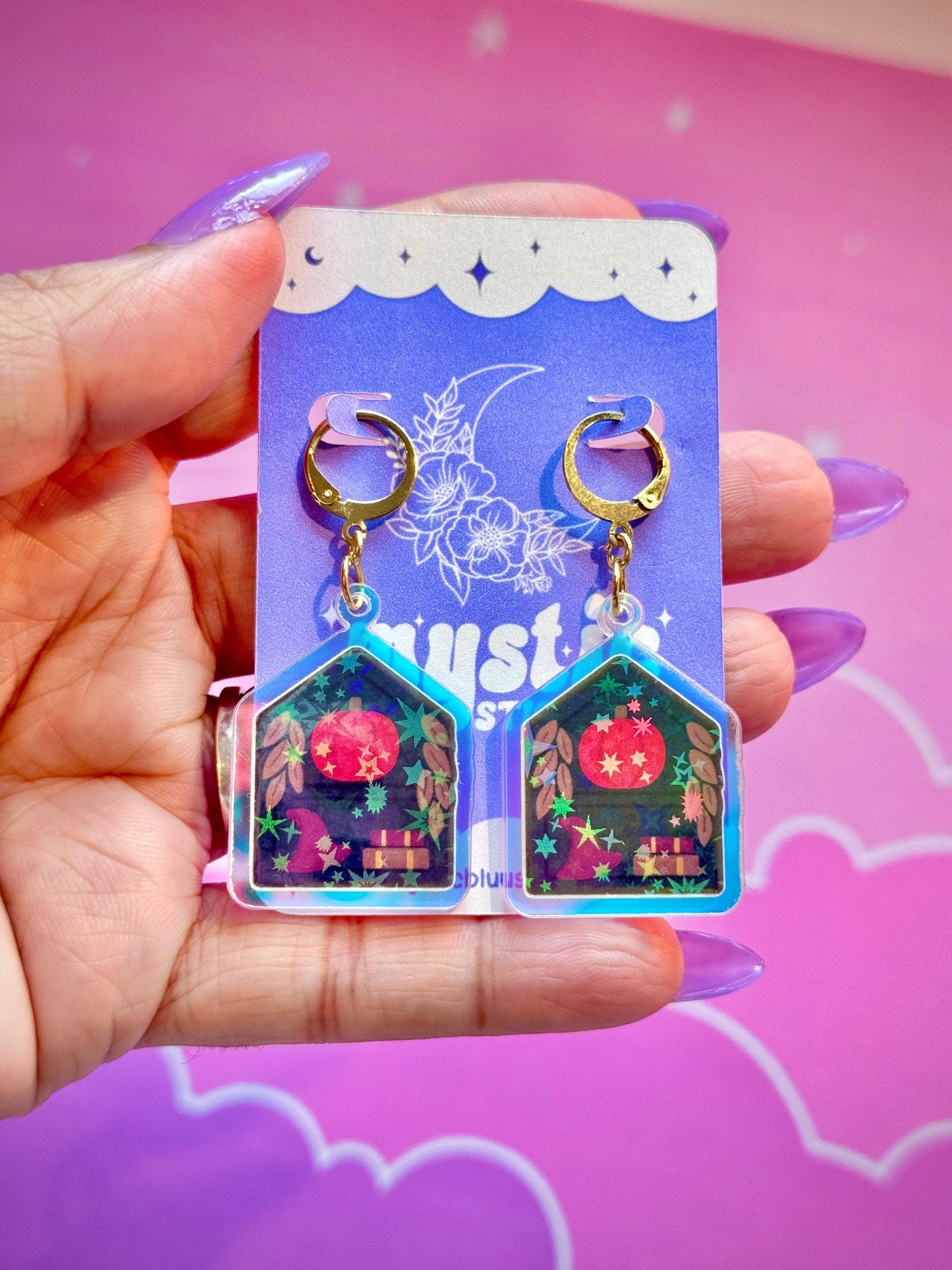 Pumpkin Cottage Earrings: Holographic House Dangle Hoop or Hook Style
