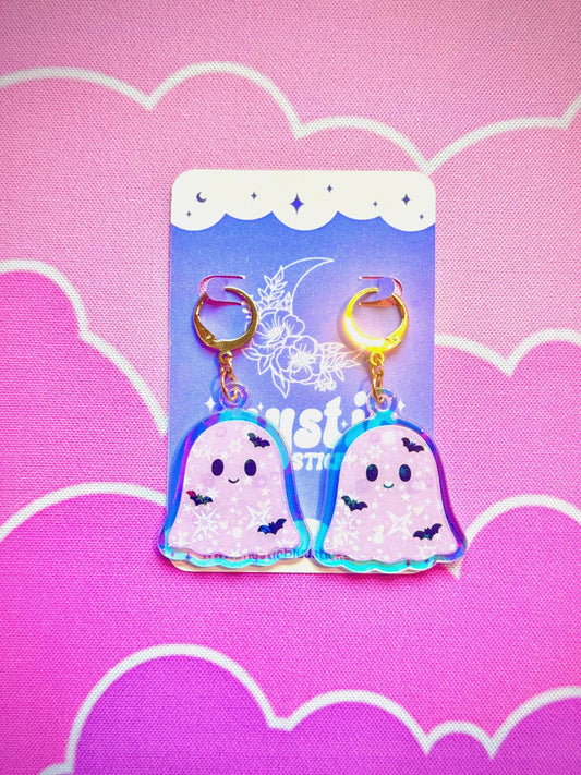 Pastel Purple Ghost Earrings: Iridescent Holographic Bat and Stars Dangle Hoop or Hook Style