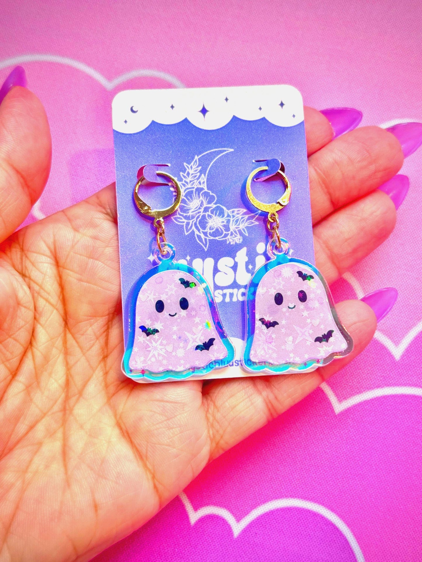 Pastel Purple Ghost Earrings: Iridescent Holographic Bat and Stars Dangle Hoop or Hook Style