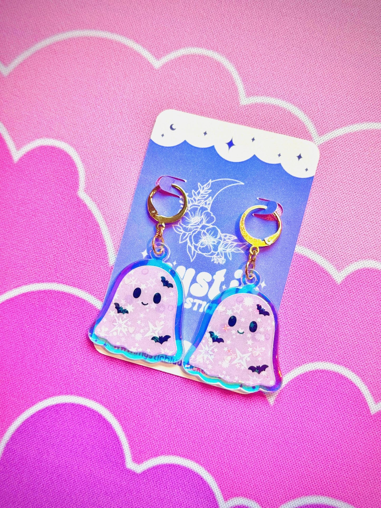 Pastel Purple Ghost Earrings: Iridescent Holographic Bat and Stars Dangle Hoop or Hook Style