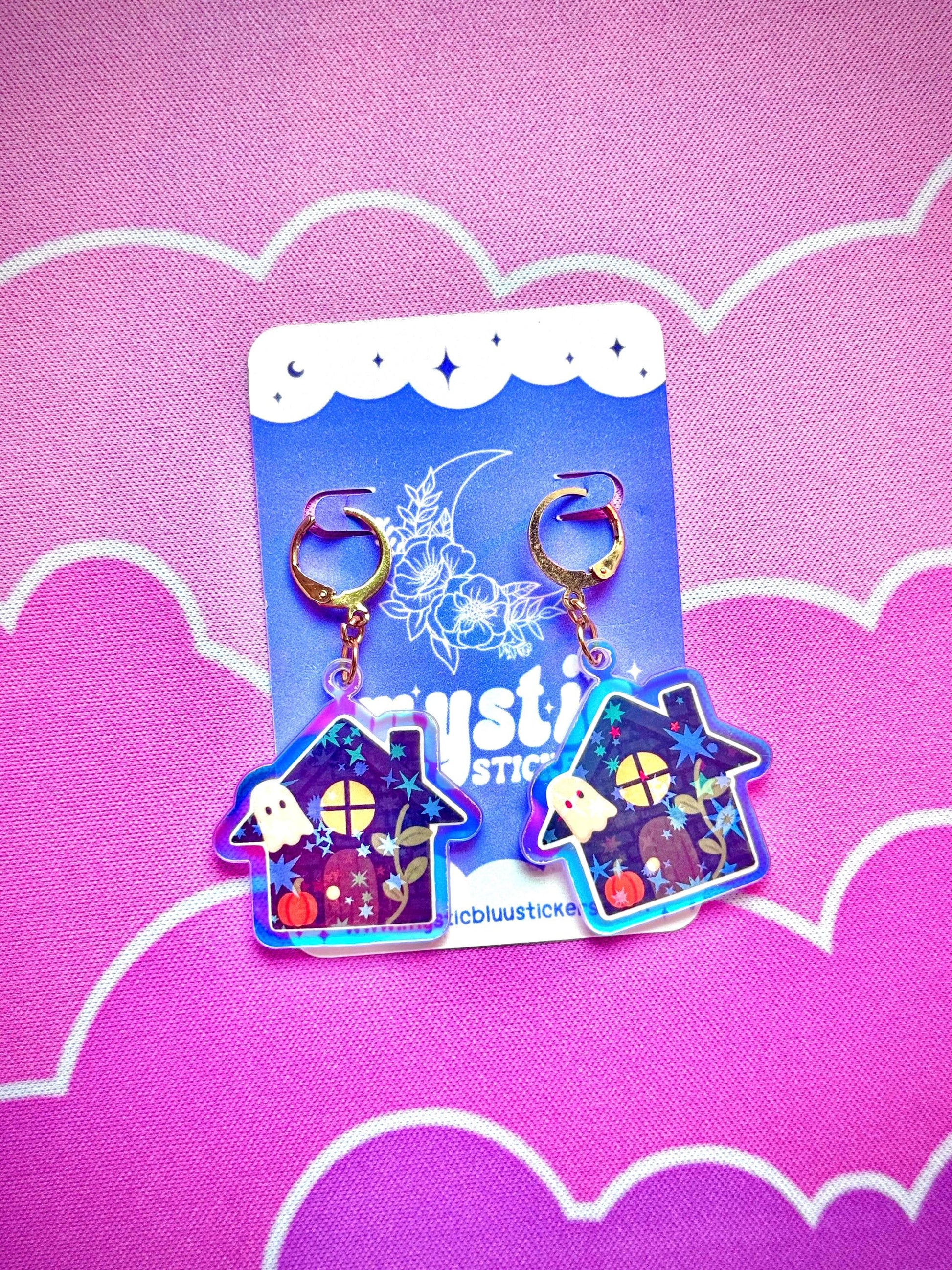 Autumn Cottage Earrings: Holographic House Dangle Hoop or Hook Style
