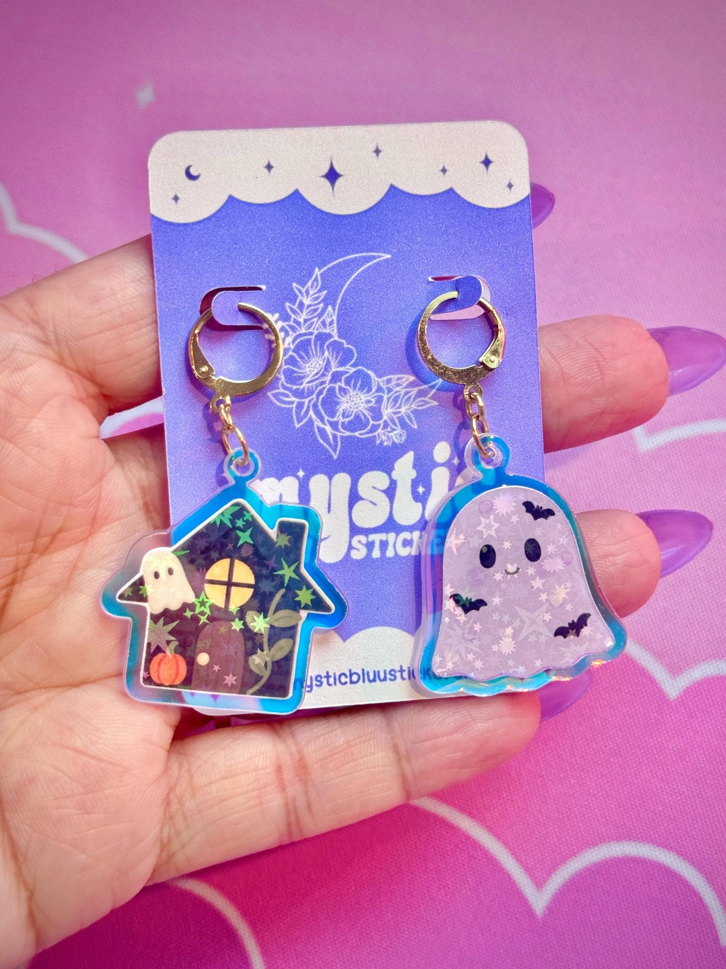 Ghost Cottage Earrings: Holographic House Dangle Hoop or Hook Style