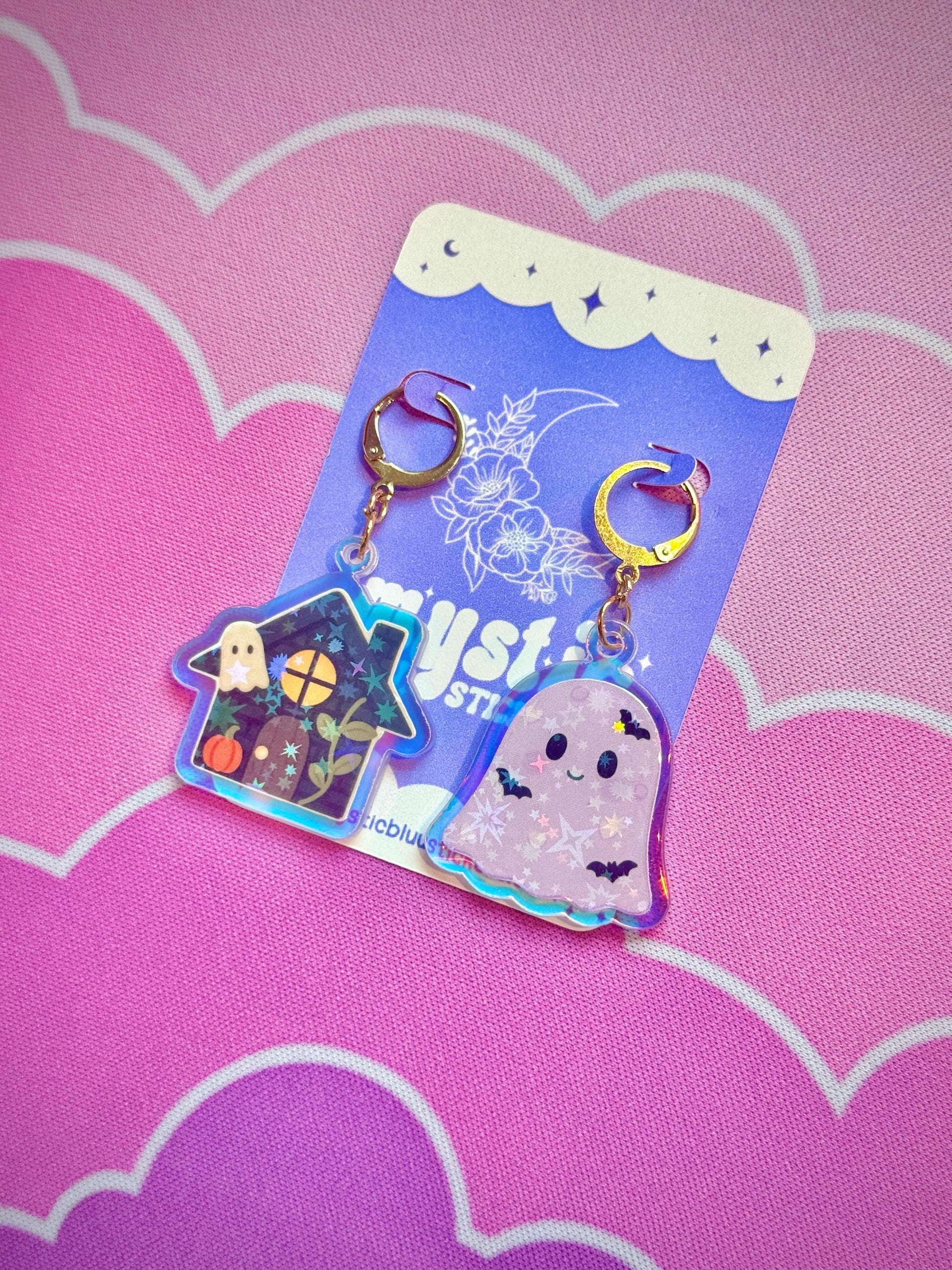 Ghost Cottage Earrings: Holographic House Dangle Hoop or Hook Style