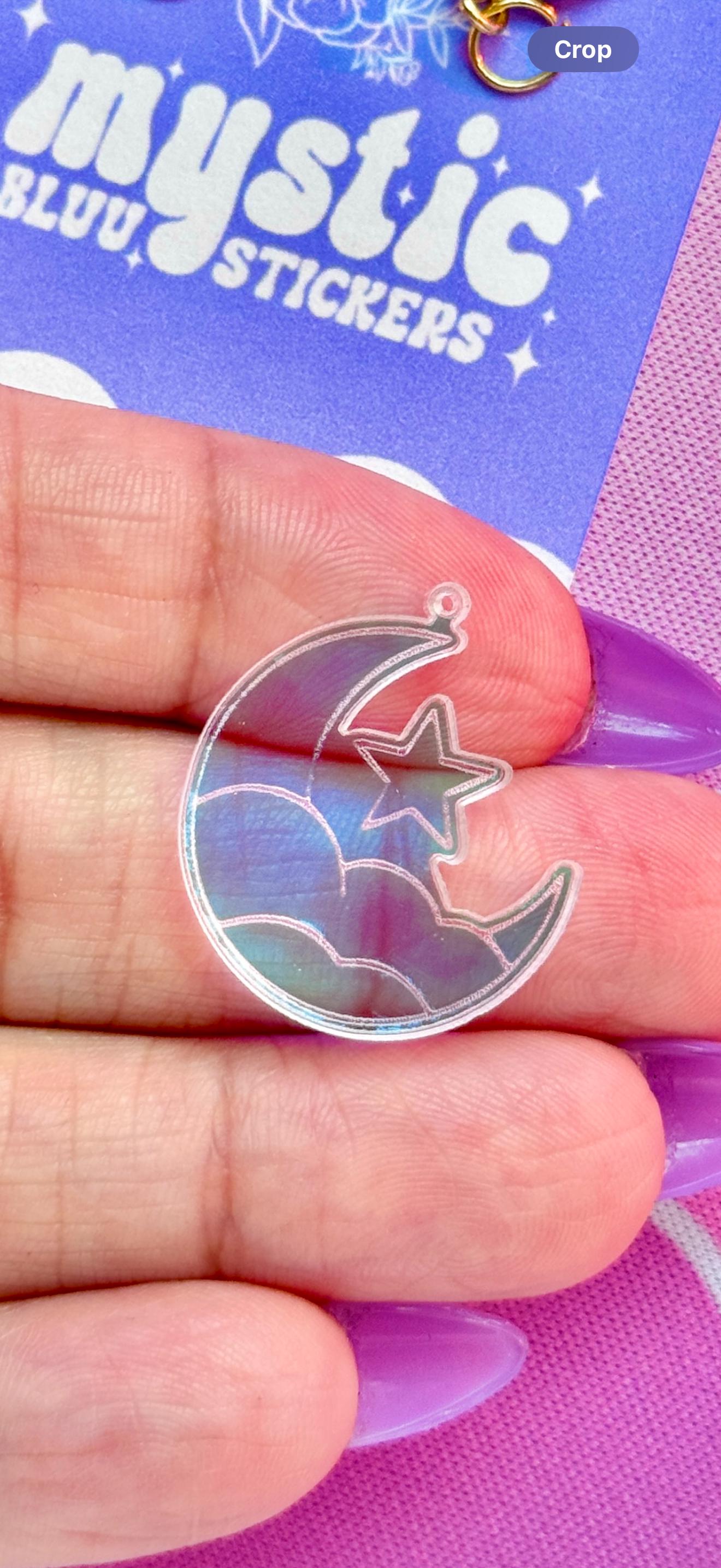 Crescent Moon Clouds Acrylic Earrings: Iridescent Dangle Hoop or Hook Style