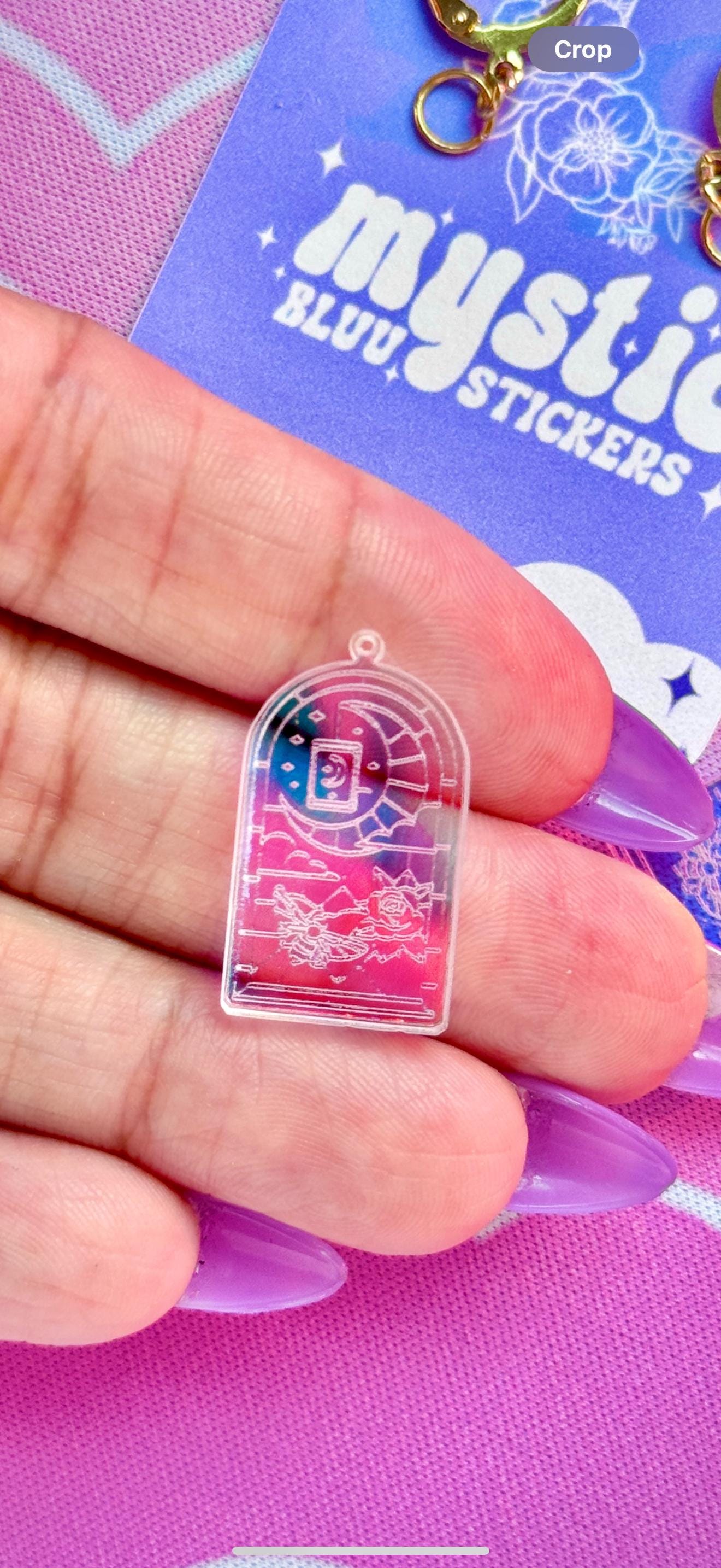 Stained Glass Tarot Window Earrings: Iridescent Crescent Moon, Rose and Clouds