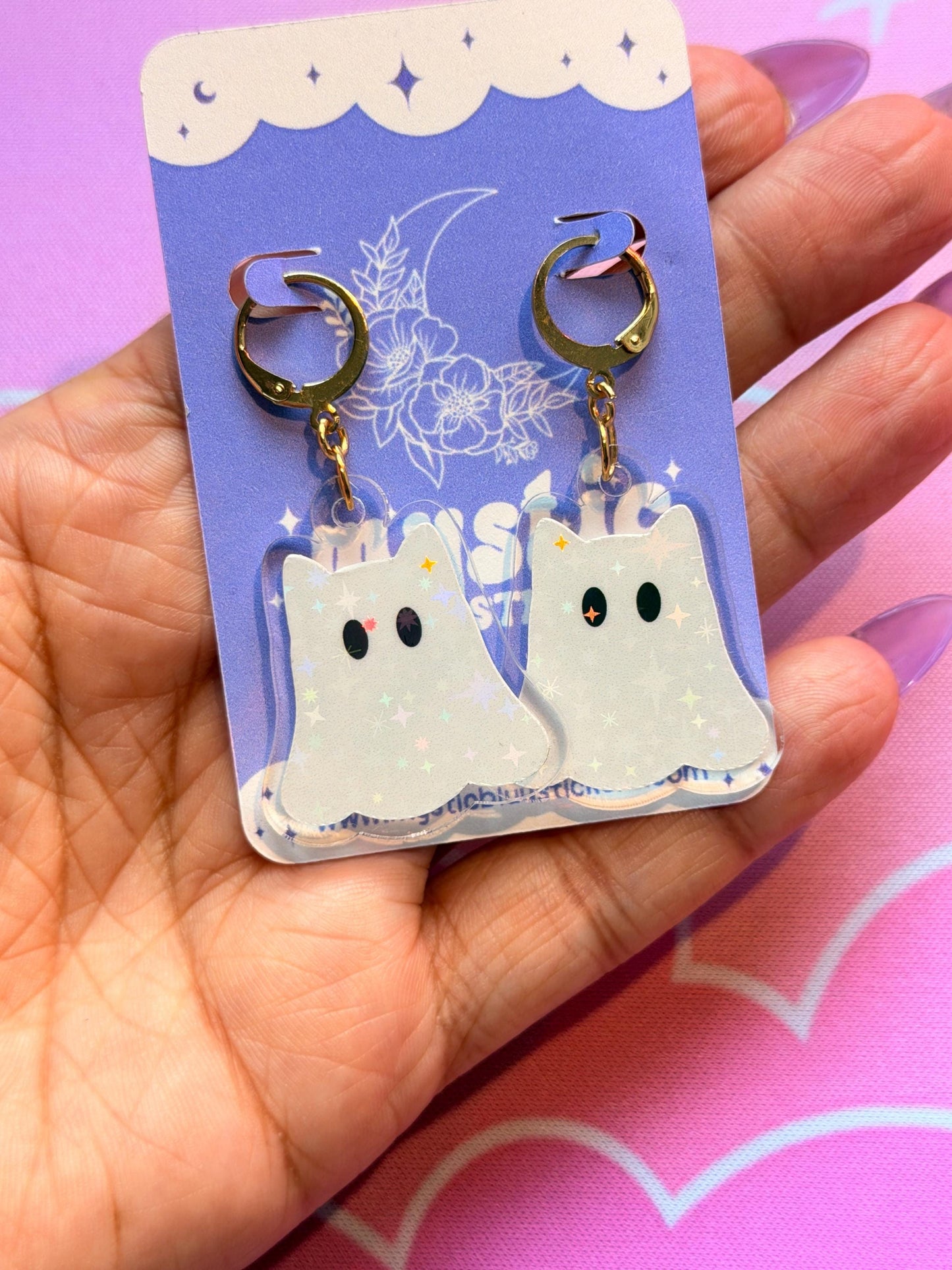 White Ghost Earrings: Iridescent Holographic Bat and Stars Dangle Hoop or Hook Style