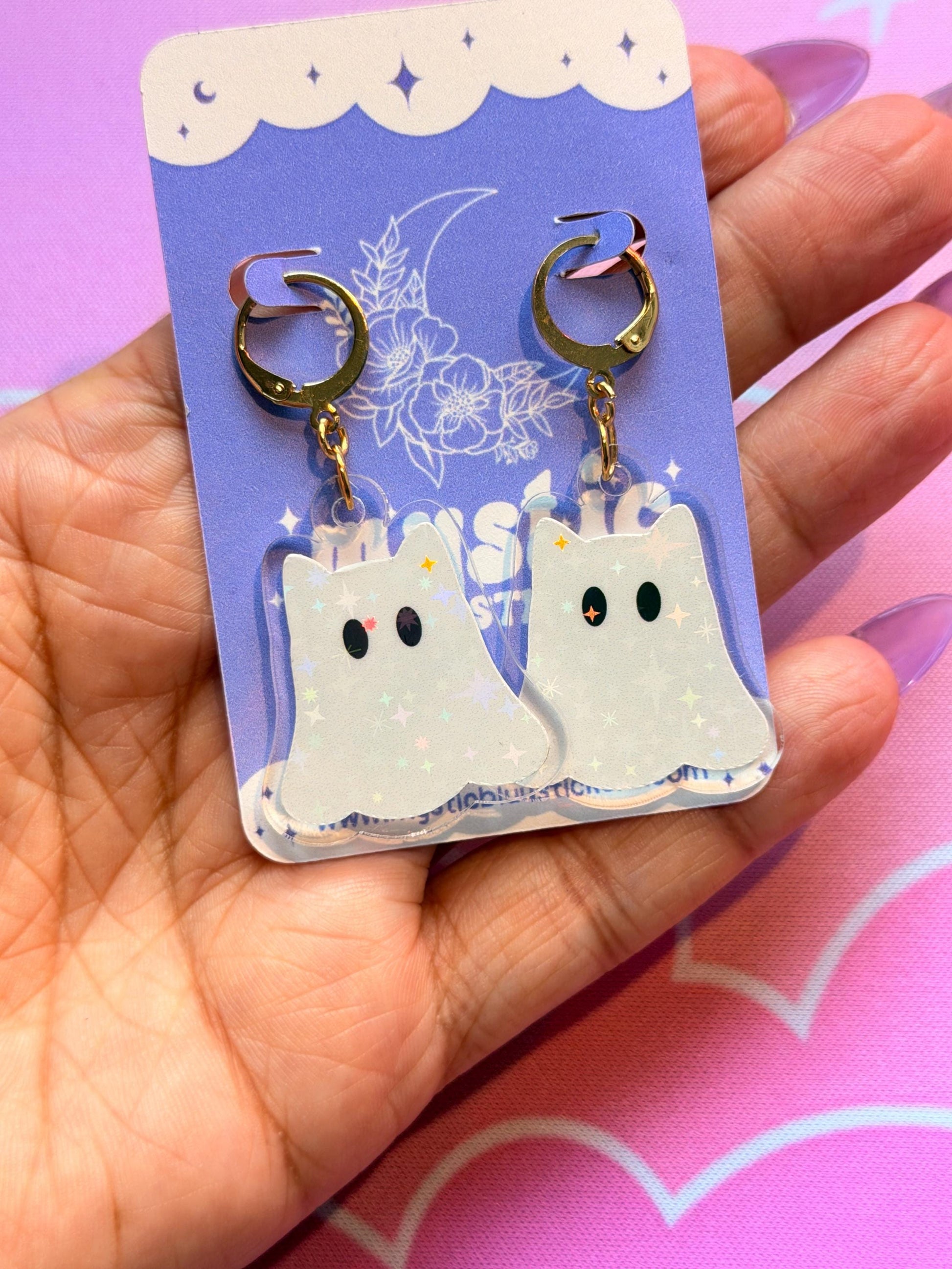 White Ghost Earrings: Iridescent Holographic Bat and Stars Dangle Hoop or Hook Style