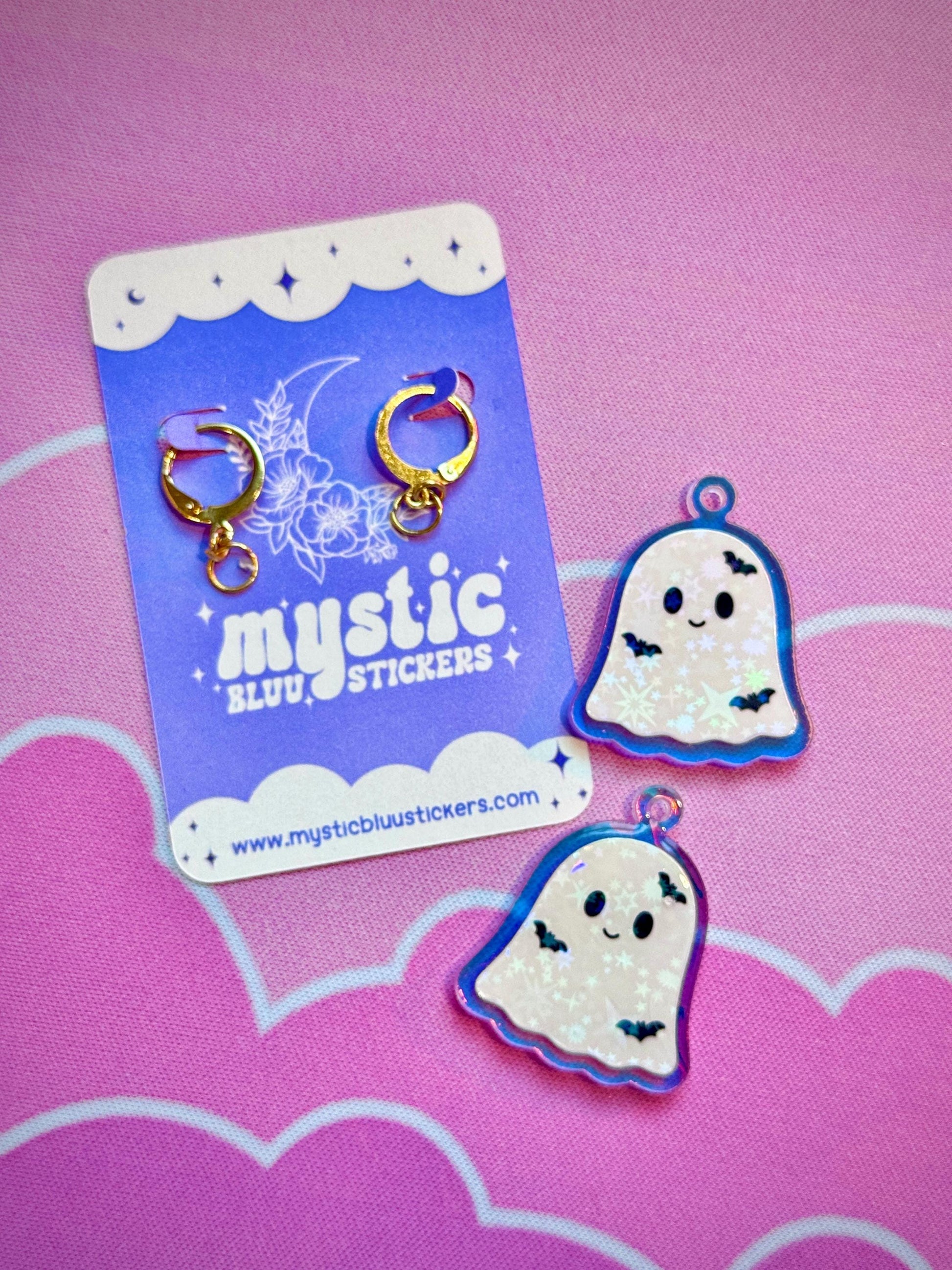 White Ghost Earrings: Iridescent Holographic Bat and Stars Dangle Hoop or Hook Style