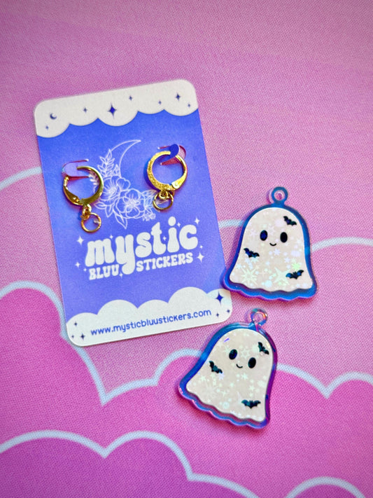 White Ghost Earrings: Iridescent Holographic Bat and Stars Dangle Hoop or Hook Style