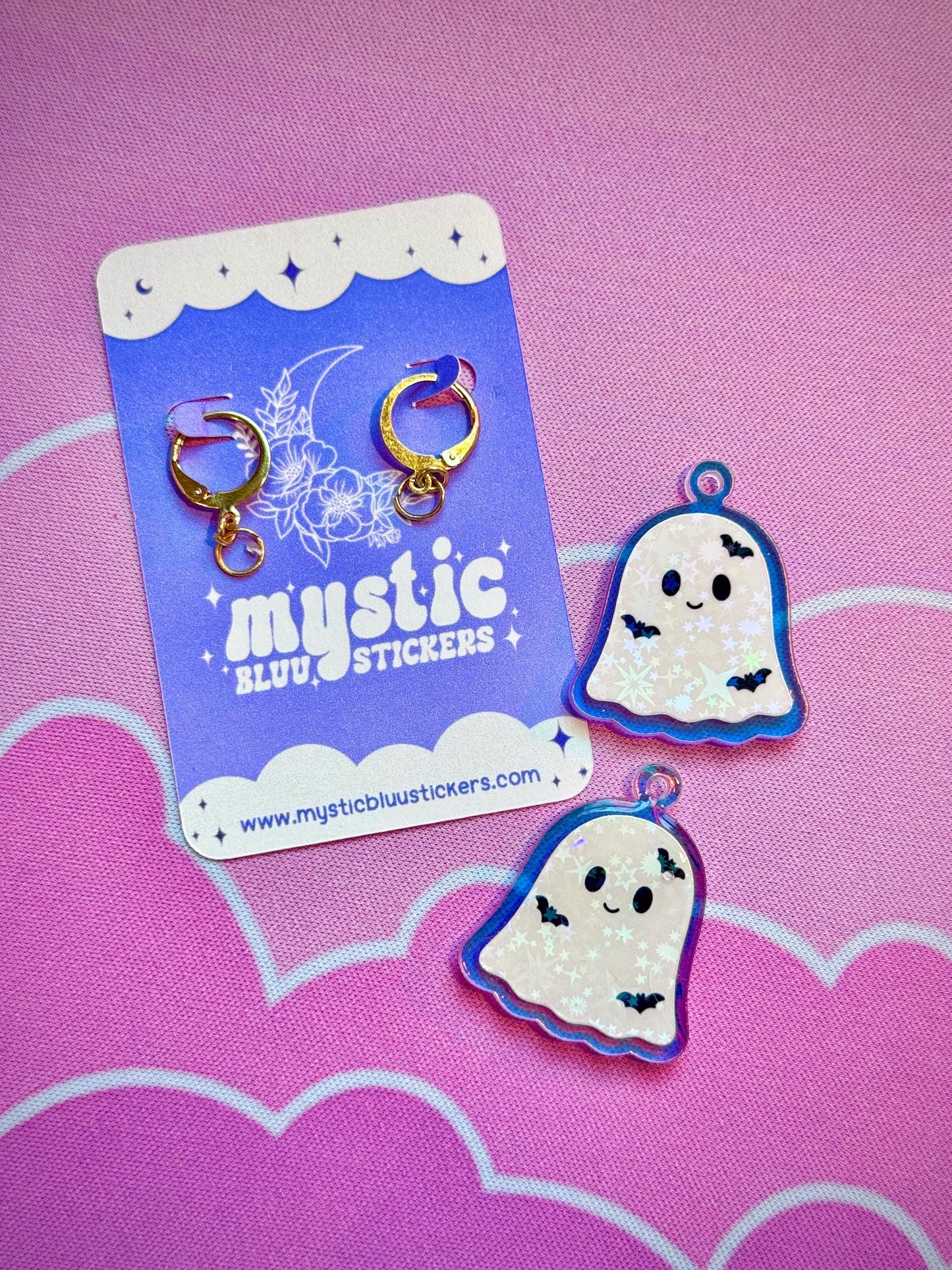 White Ghost Earrings: Iridescent Holographic Bat and Stars Dangle Hoop or Hook Style