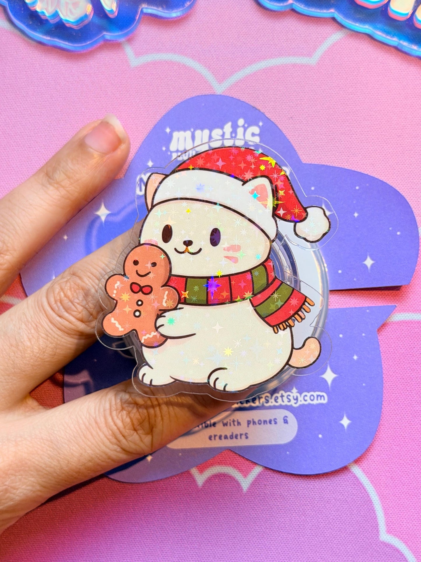 Winter Cat MagSafe Phone Kindle Grip: Holographic Gingerbread Holiday Kitty