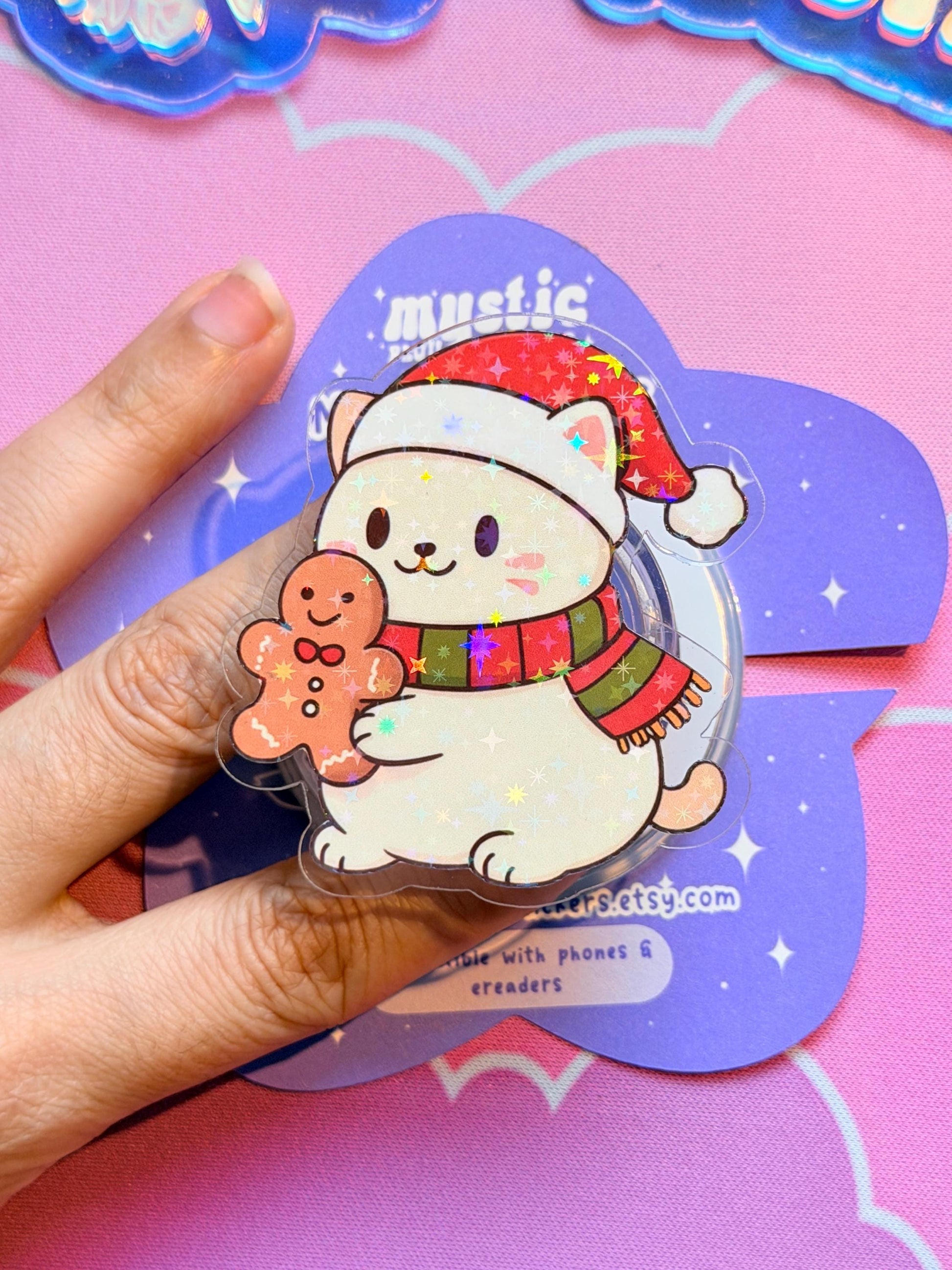 Winter Cat MagSafe Phone Kindle Grip: Holographic Gingerbread Holiday Kitty