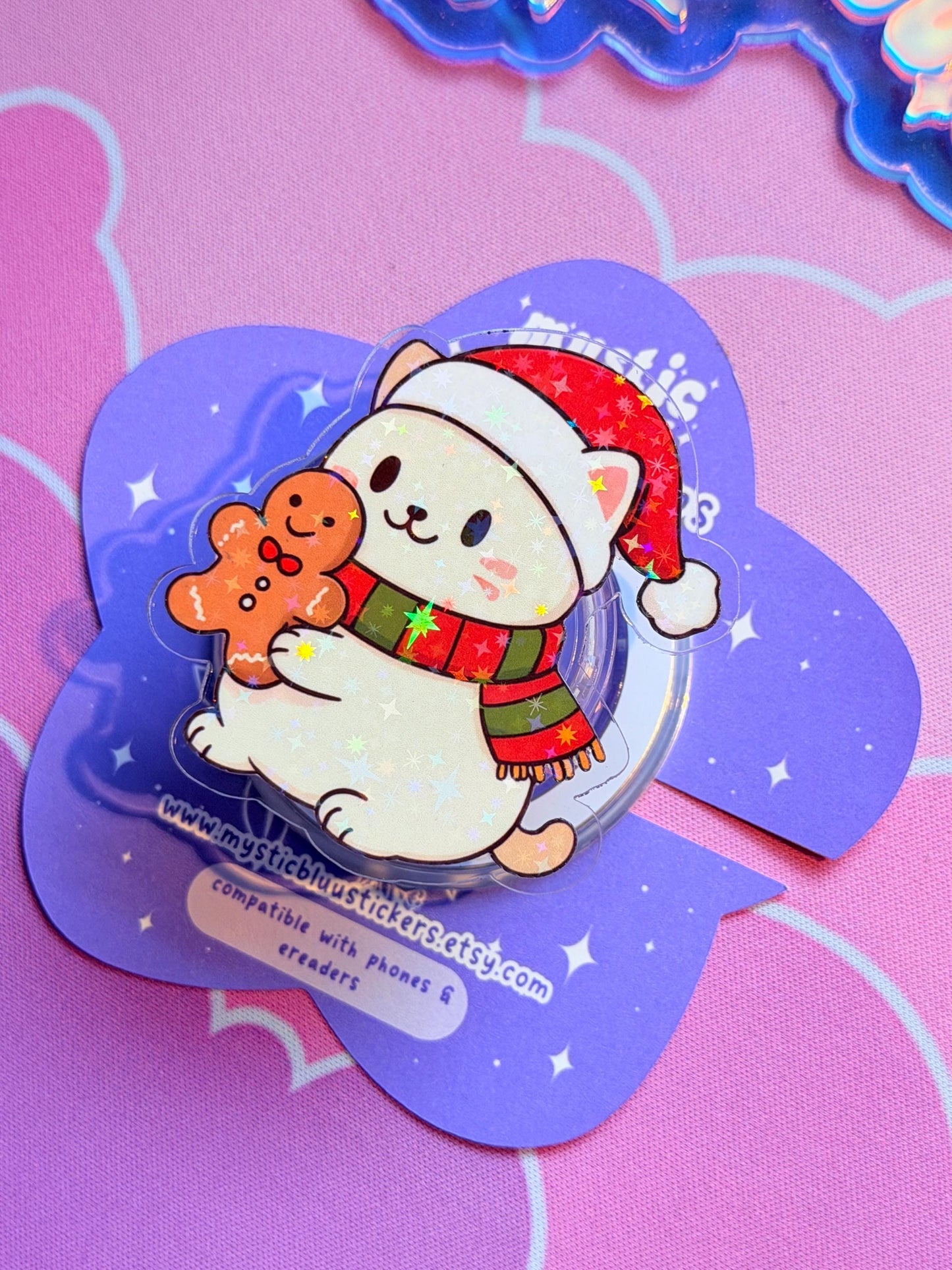 Winter Cat MagSafe Phone Kindle Grip: Holographic Gingerbread Holiday Kitty