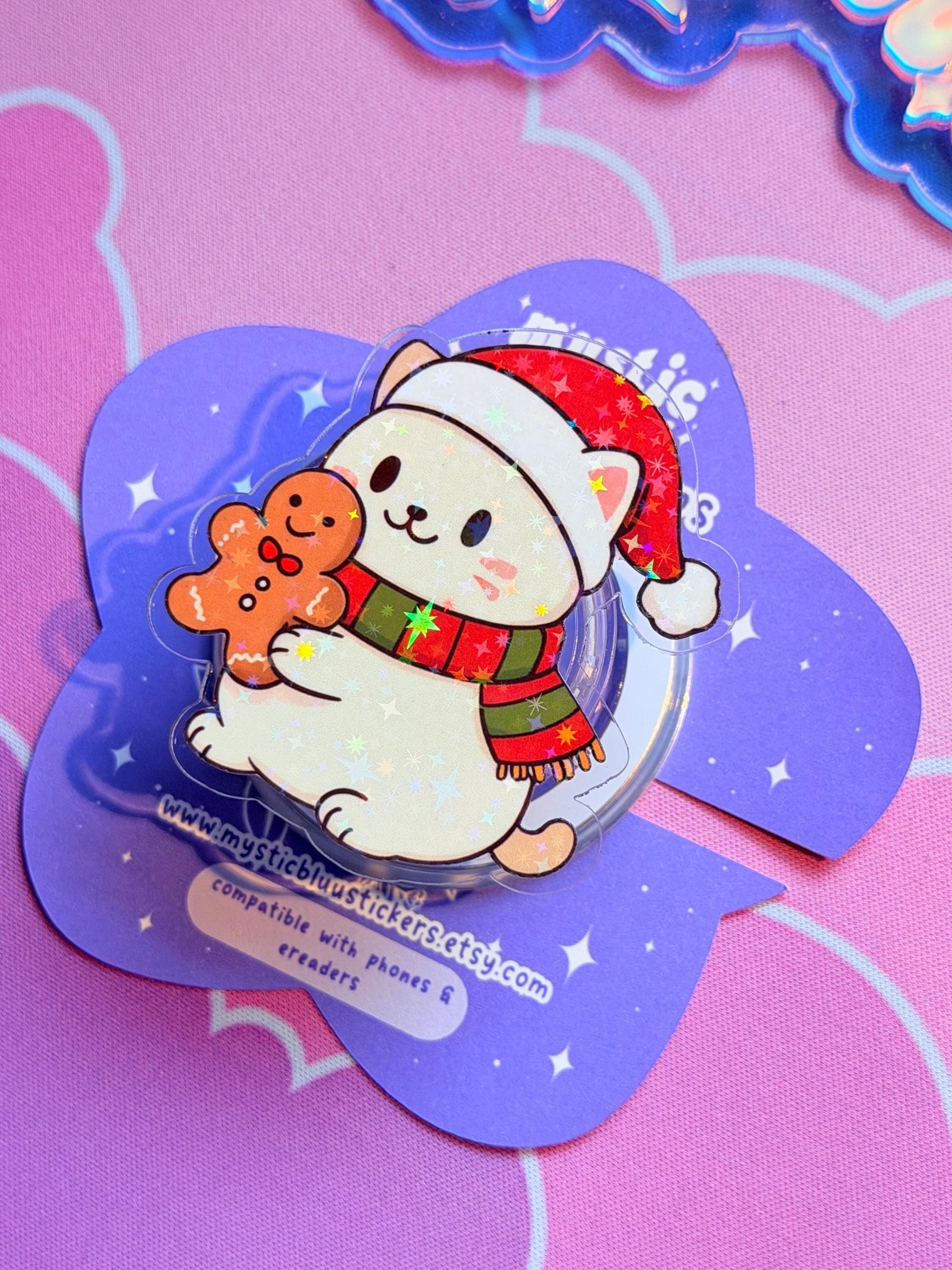 Winter Cat MagSafe Phone Kindle Grip: Holographic Gingerbread Holiday Kitty