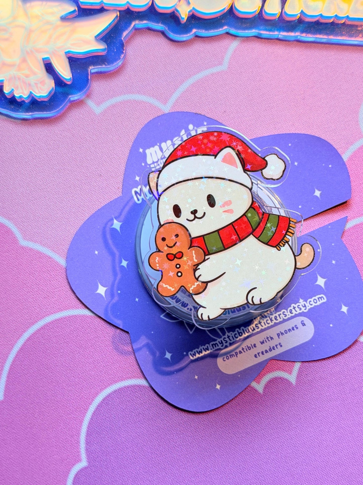 Winter Cat MagSafe Phone Kindle Grip: Holographic Gingerbread Holiday Kitty