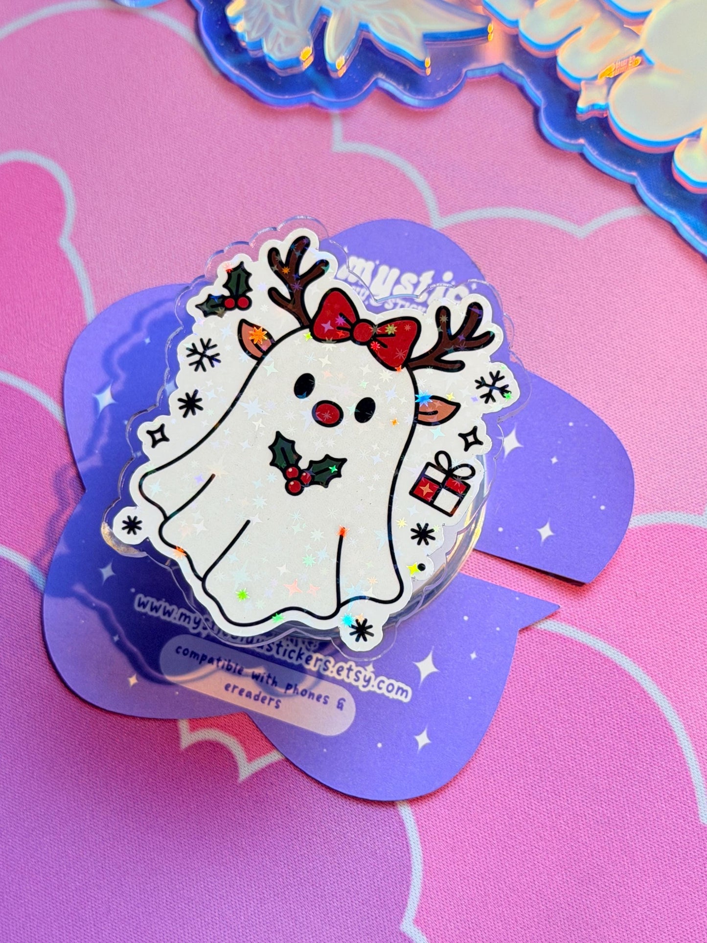 Christmas Ghost MagSafe Grip: Holographic Reindeer Bow Kindle Grip