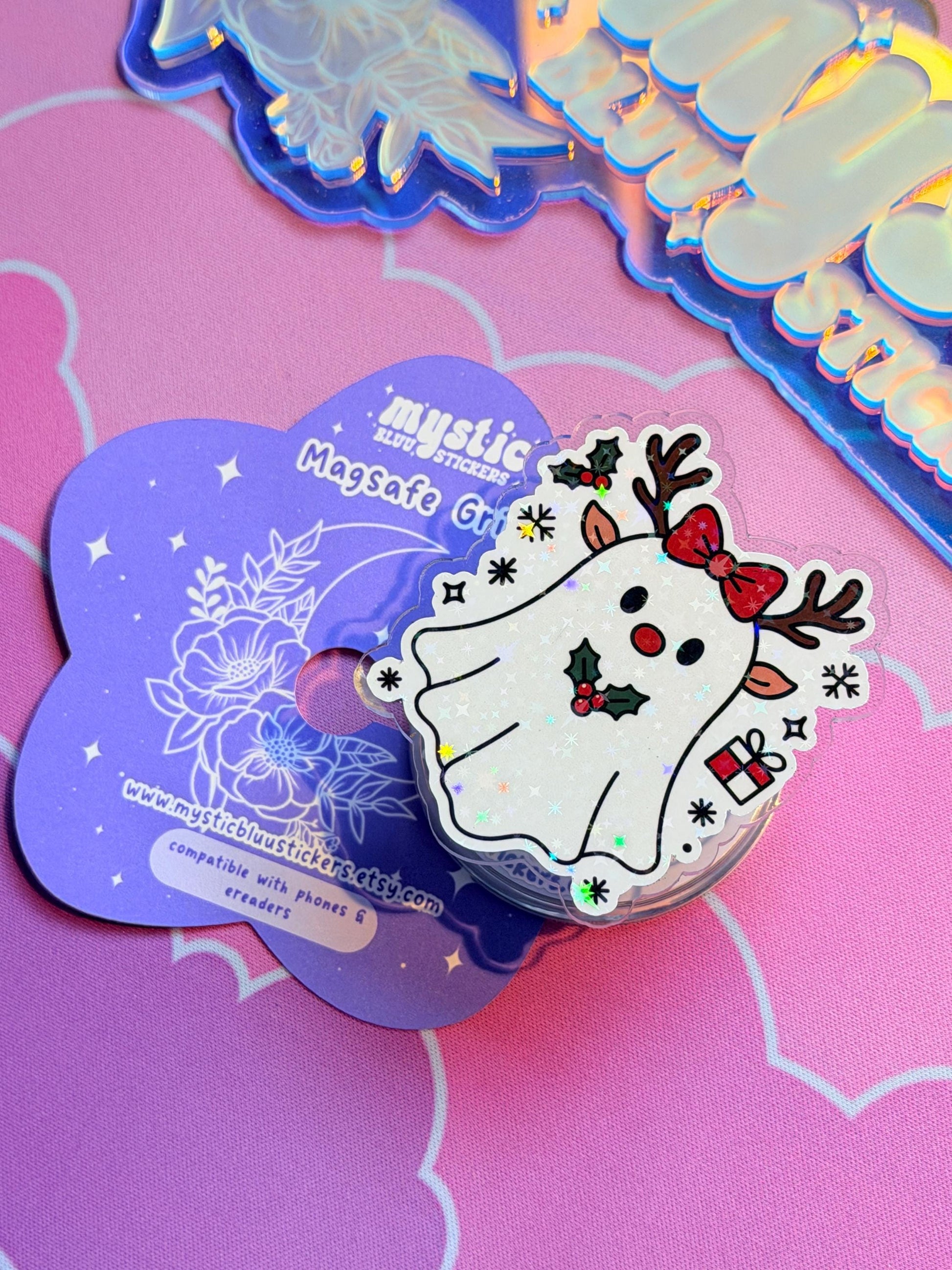 Christmas Ghost MagSafe Grip: Holographic Reindeer Bow Kindle Grip