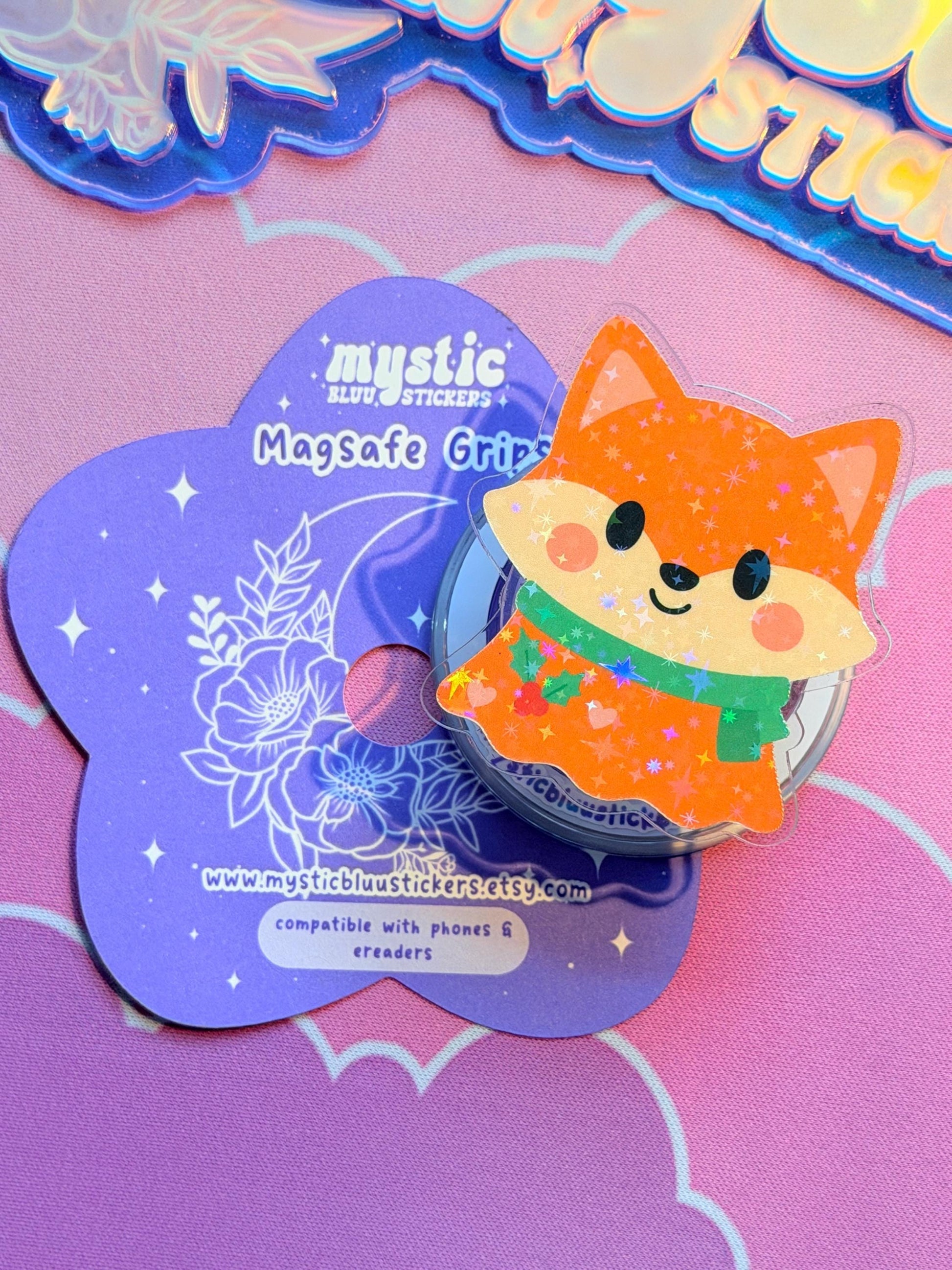 Winter Fox MagSafe Phone Kindle Grip: Holographic Cozy Critter Accessory