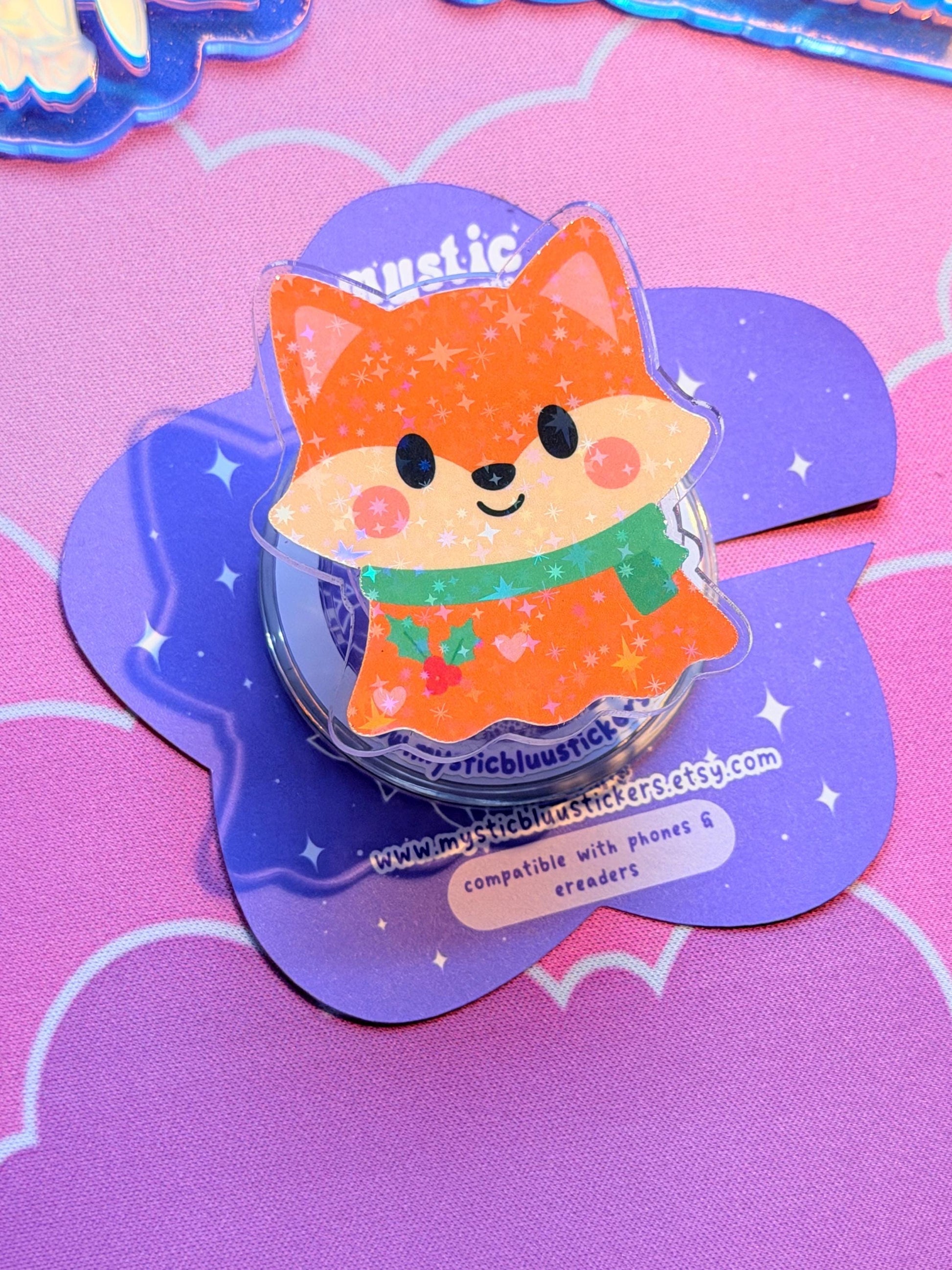 Winter Fox MagSafe Phone Kindle Grip: Holographic Cozy Critter Accessory