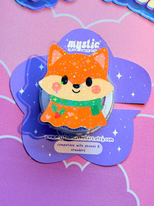 Winter Fox MagSafe Phone Kindle Grip: Holographic Cozy Critter Accessory