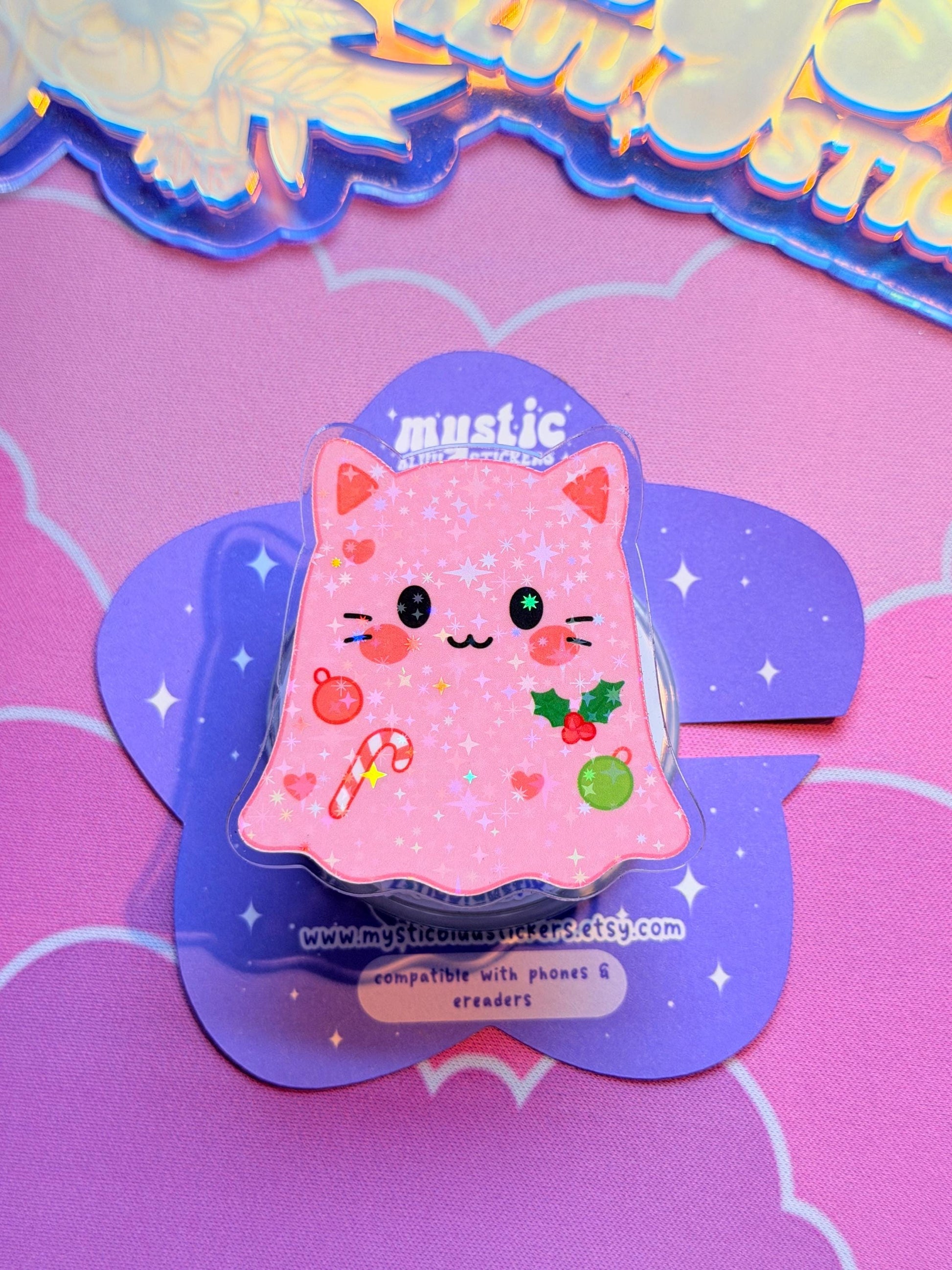 Christmas MagSafe Phone Kindle Grip: Holographic Pink Cat Ghost Candy Cane