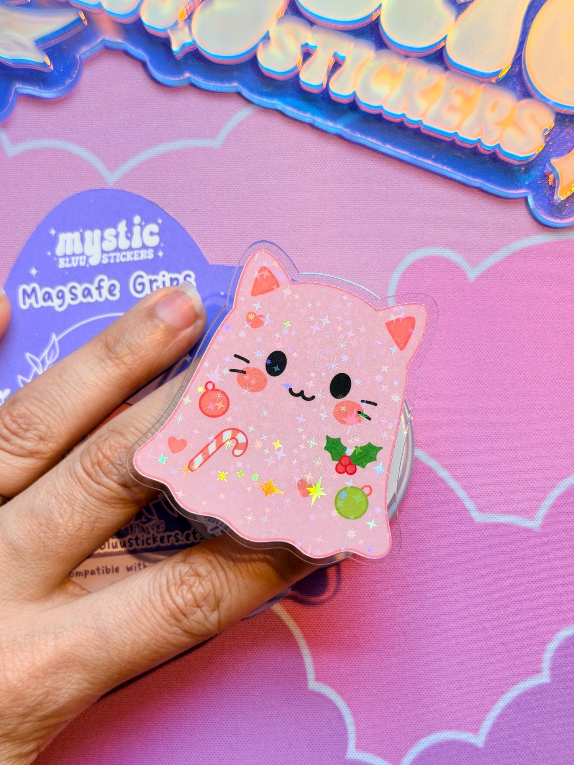 Christmas MagSafe Phone Kindle Grip: Holographic Pink Cat Ghost Candy Cane