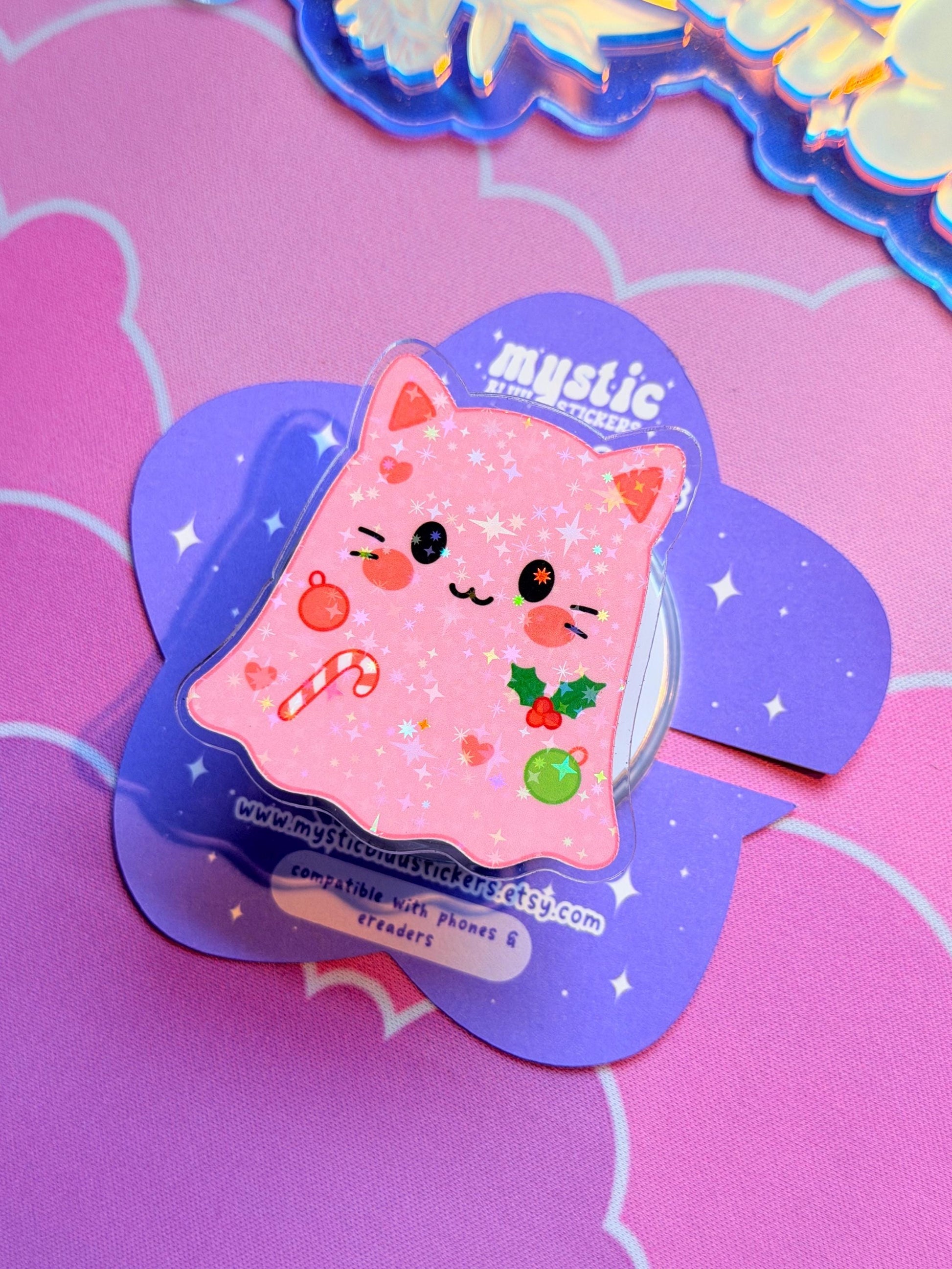 Christmas MagSafe Phone Kindle Grip: Holographic Pink Cat Ghost Candy Cane