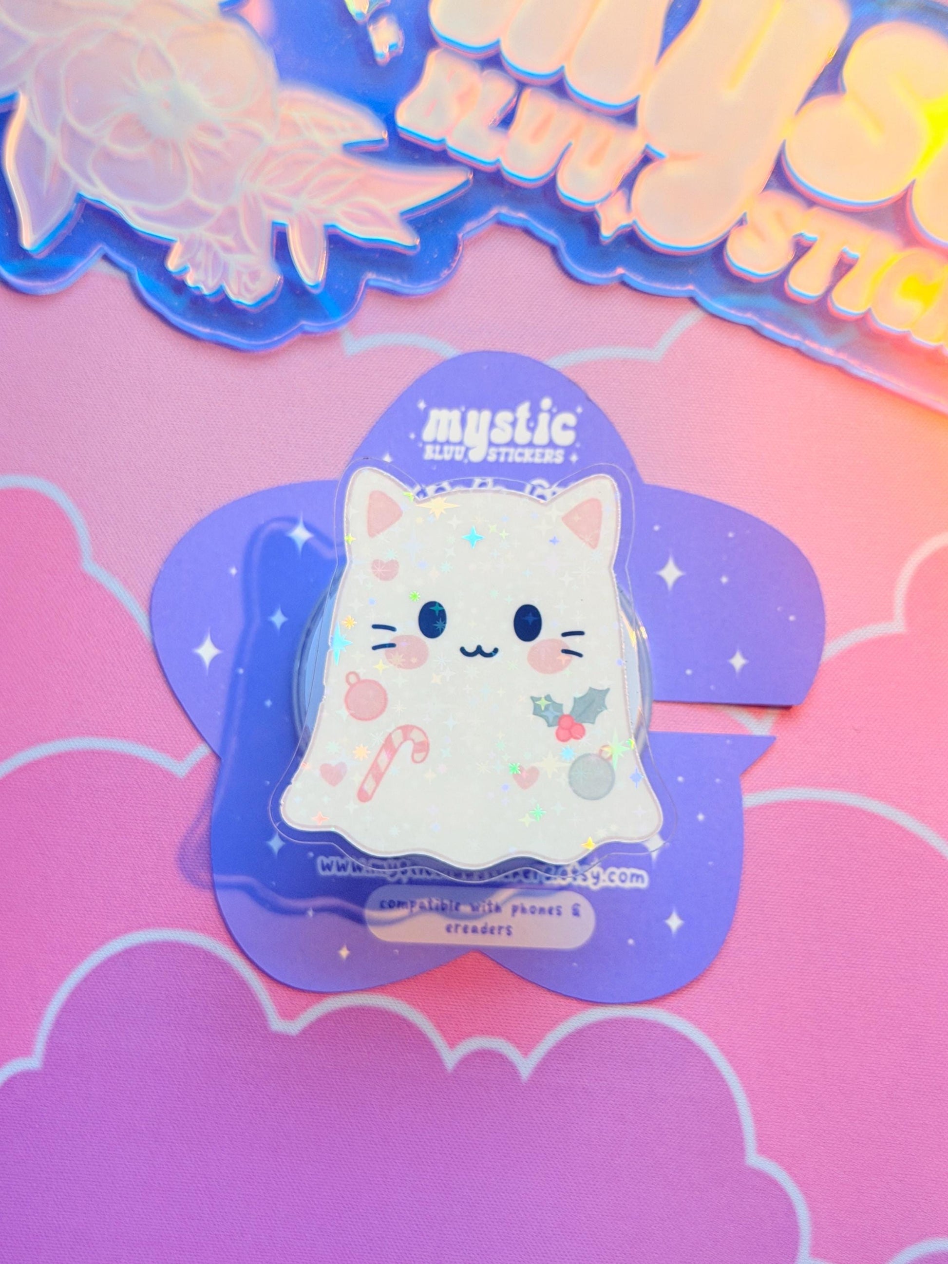 Christmas Ghost MagSafe Phone Kindle Grip: Holographic White Cat Ghost Candy Cane