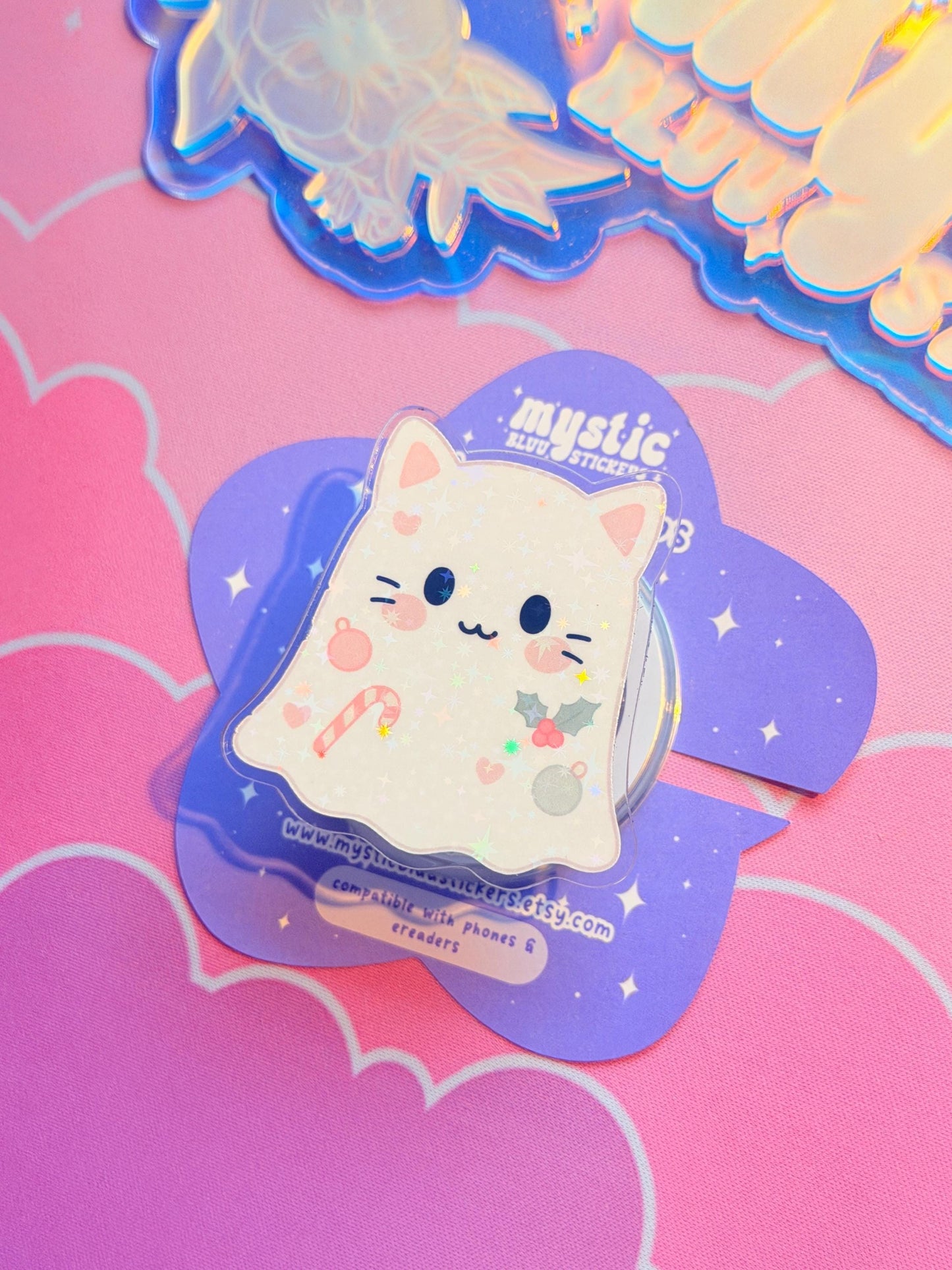 Christmas Ghost MagSafe Phone Kindle Grip: Holographic White Cat Ghost Candy Cane